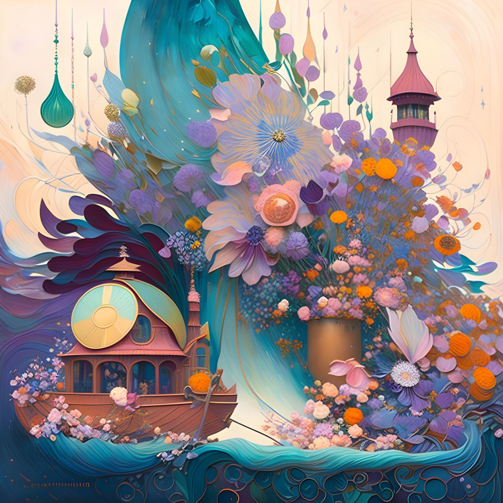 Colorful artwork: boat sailing under floral cascade, lanterns, tower.