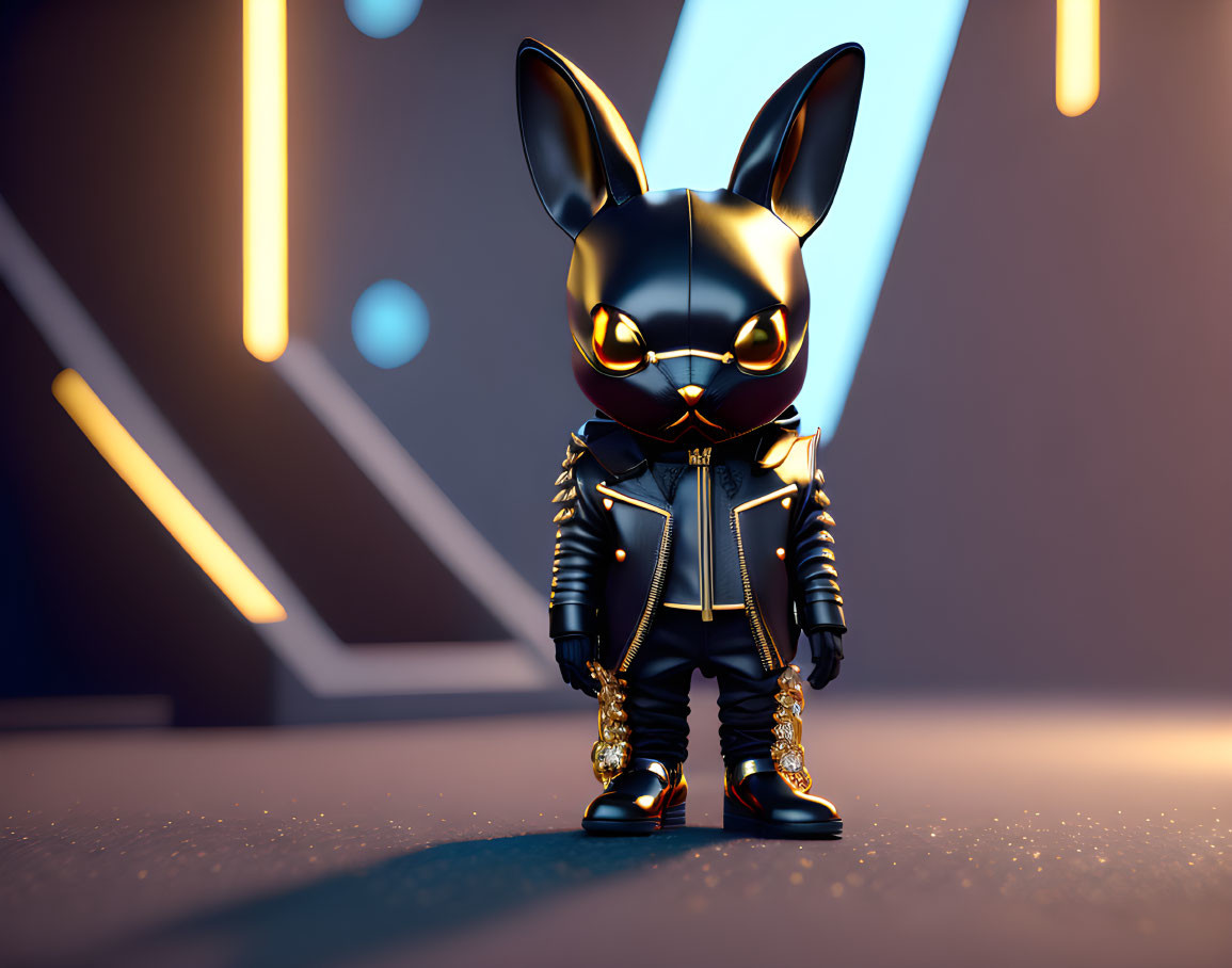 Anthropomorphic rabbit character in black leather jacket on neon-lit stage