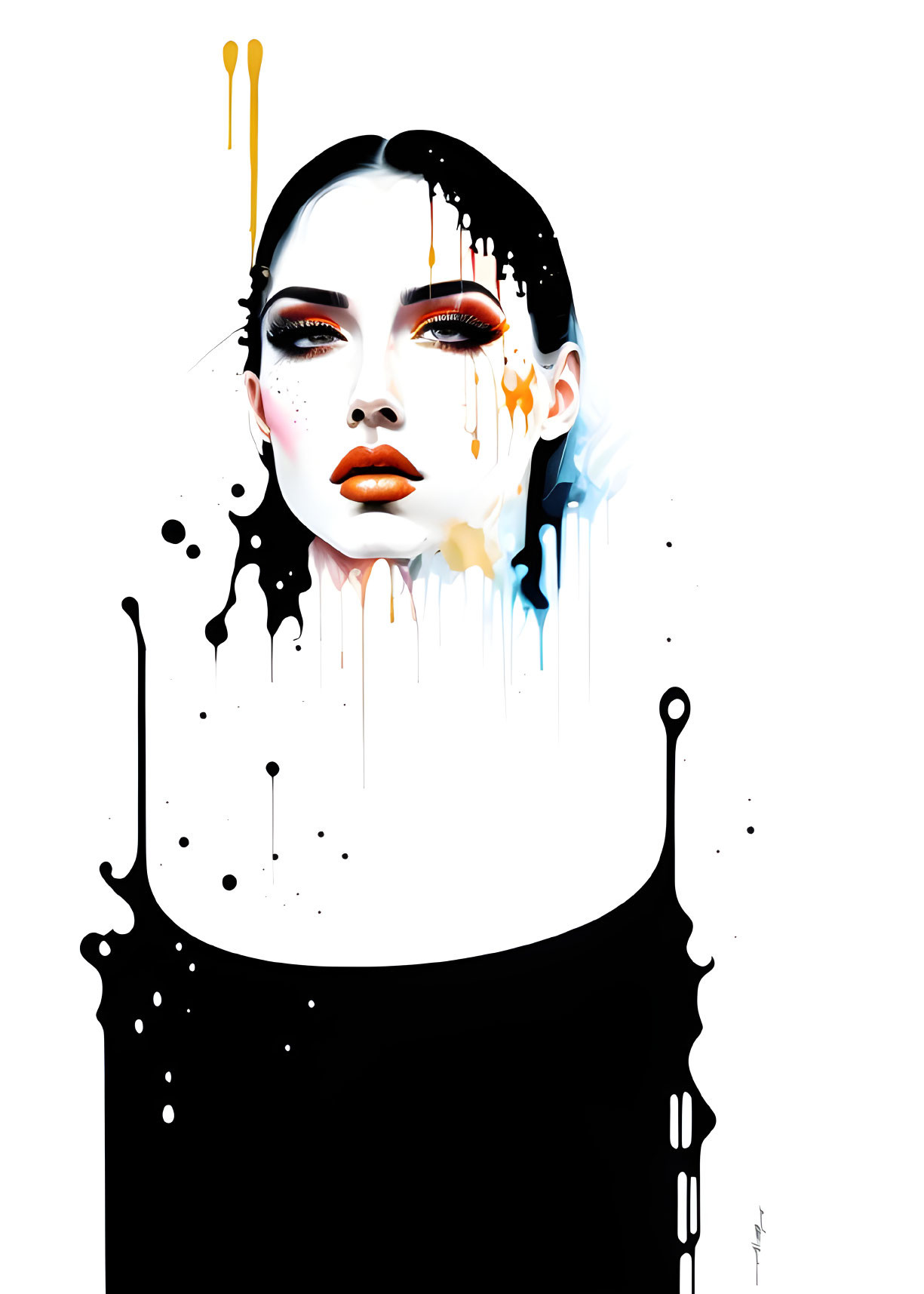 High-contrast woman's face with dripping paint details in black, white, yellow, and blue.