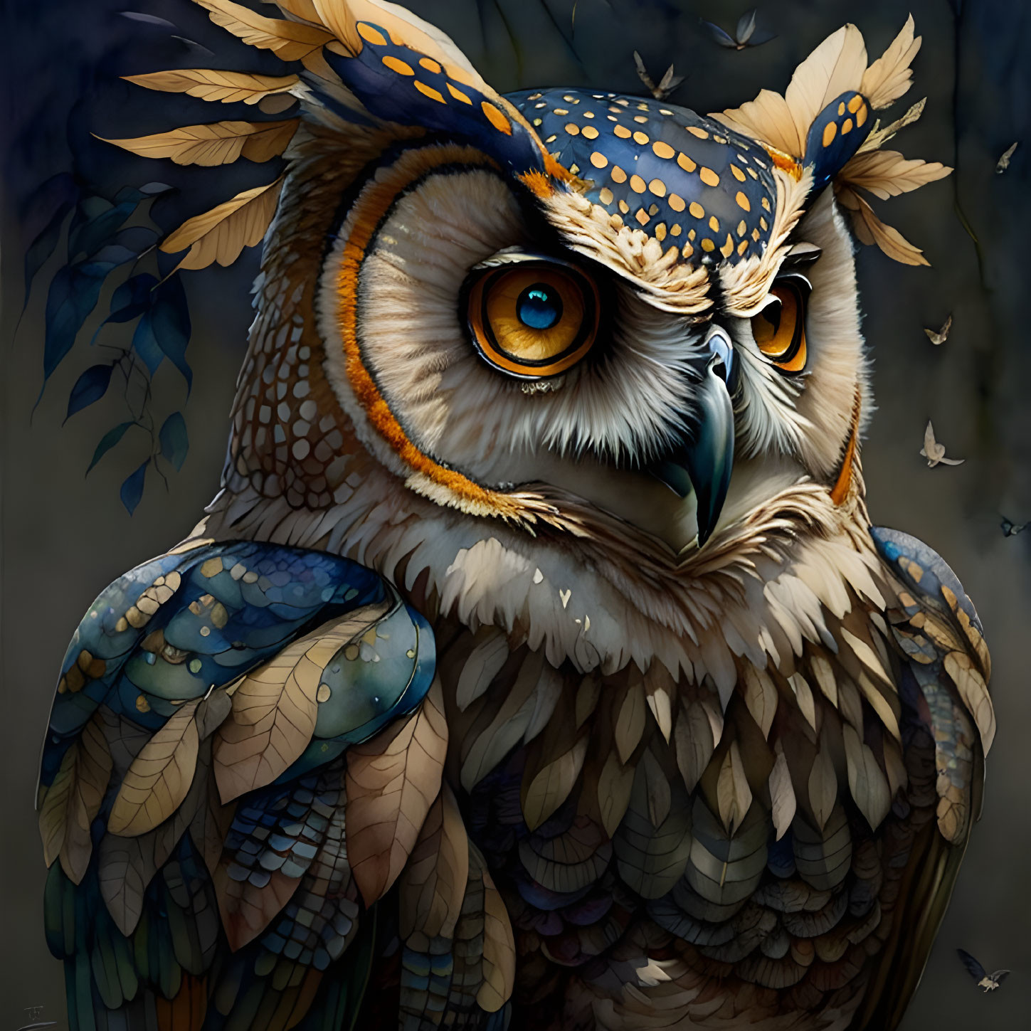 Vibrant owl art with intricate feathers and orange eyes amid butterfly motif