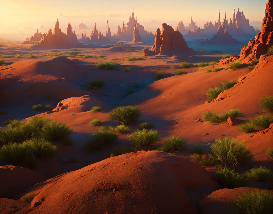 Vibrant red sand dunes and rock formations in desert sunset.