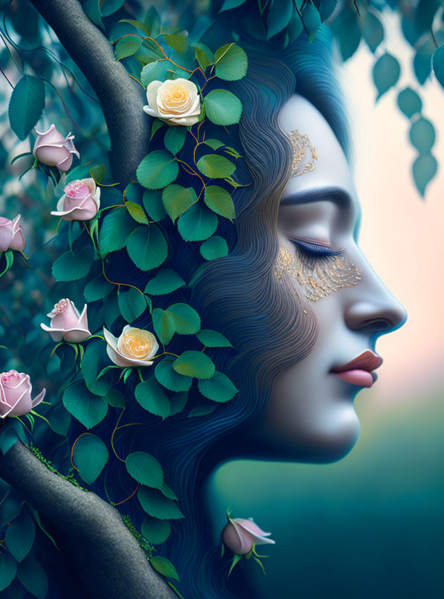 Woman's profile blending with nature: hair turns into branches with pink and white roses on serene blue background