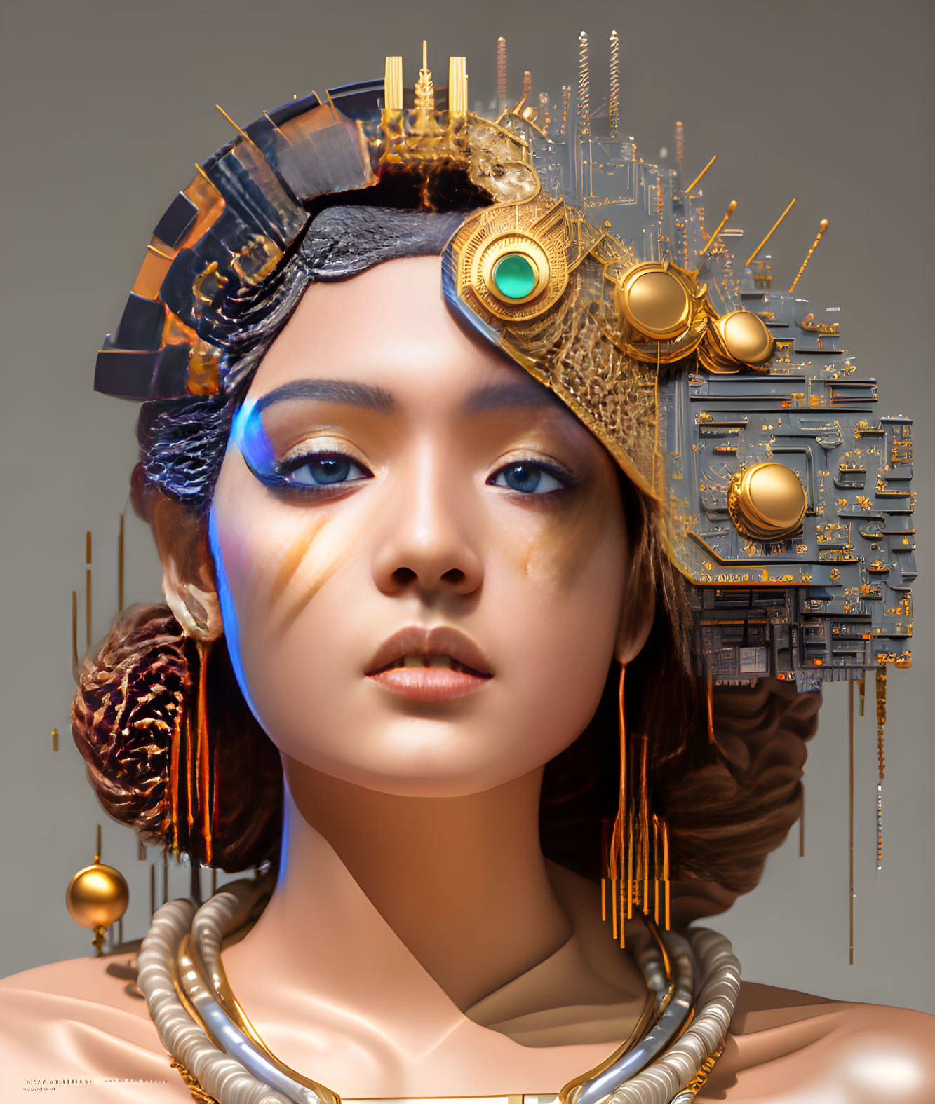 Digital artwork: Woman's face fused with futuristic cybernetic elements and gold headpiece