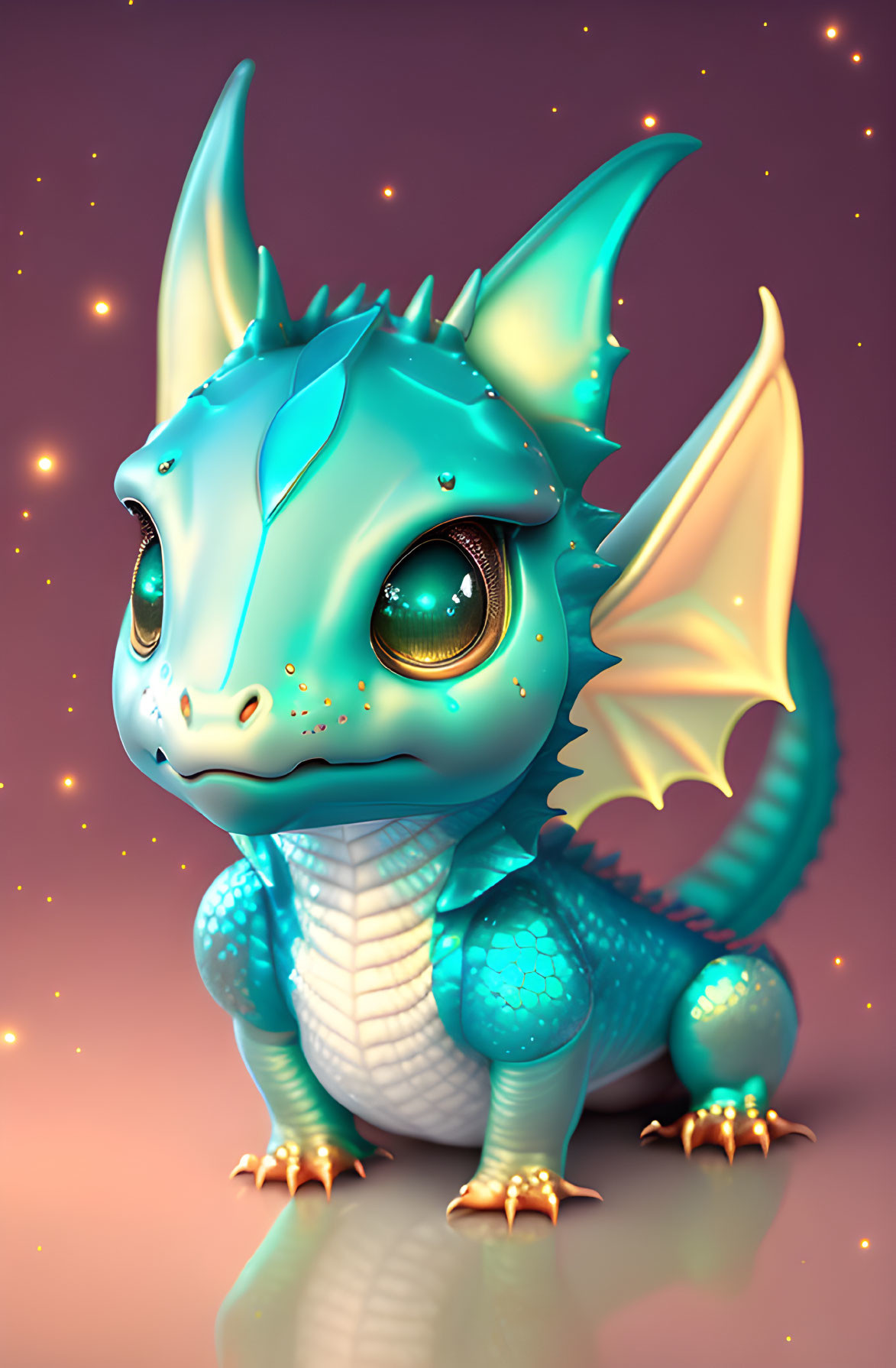 Stylized digital illustration of a blue baby dragon on pink starry background