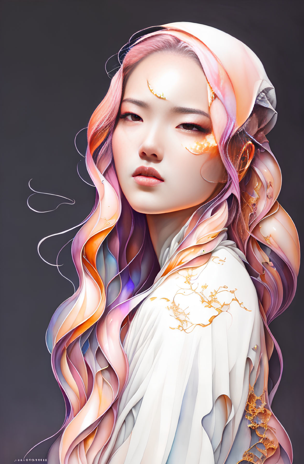 Digital artwork: Woman with pastel multi-colored hair, white garment, gold accents, serene expression,