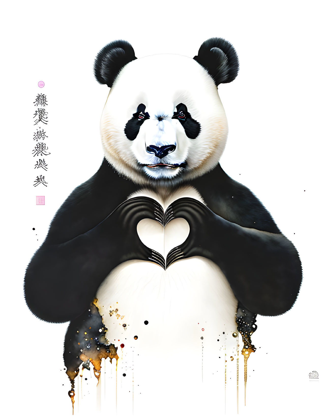 Panda making heart shape, ink splatters, Chinese characters