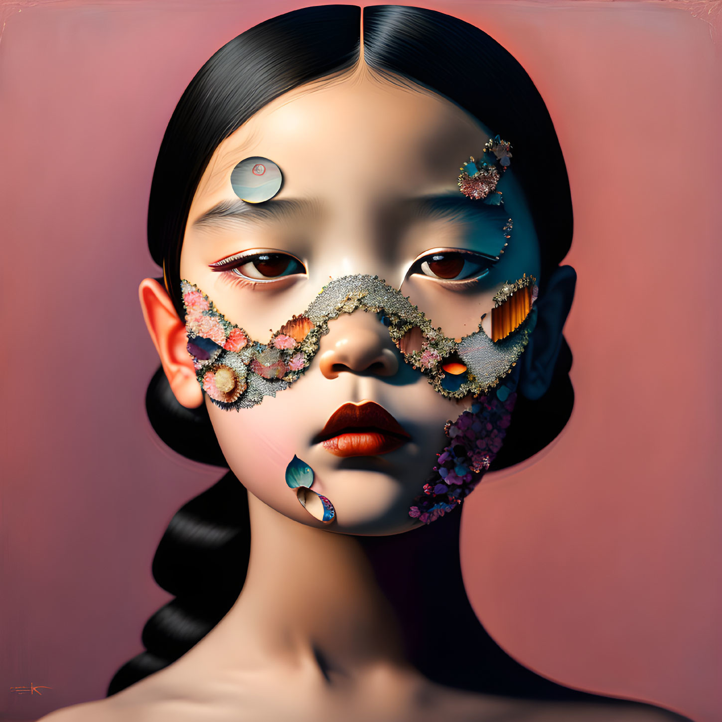 Digital artwork: Girl with ornate floral & geometric mask illustration