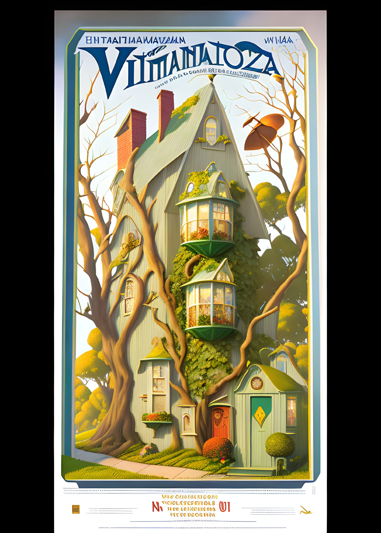 Whimsical poster of tall tree with houses on branches against blue sky