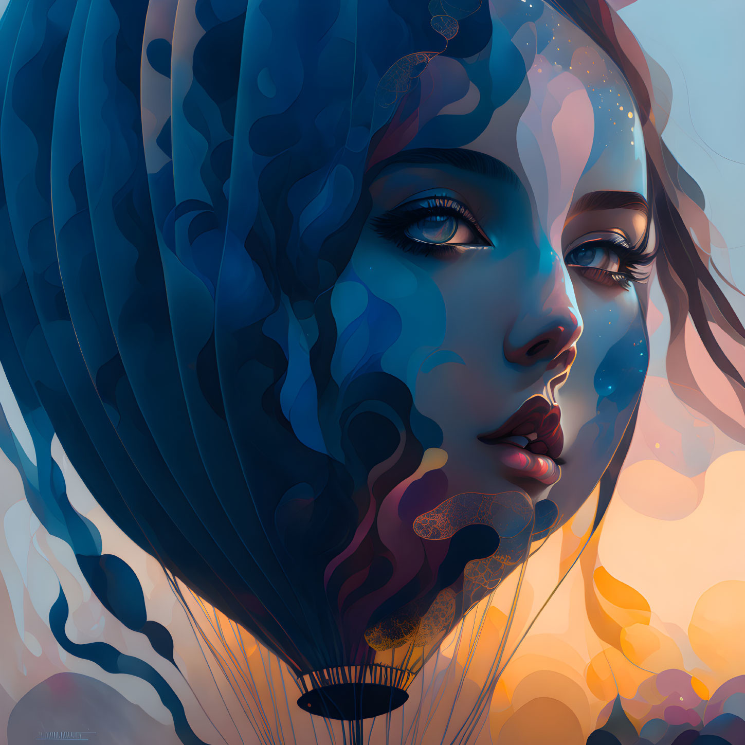 Woman's face illustration with blue hair turning into hot air balloon in pastel sky