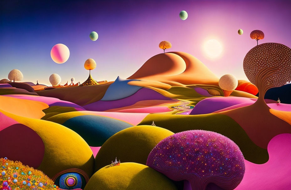 Colorful surreal landscape with rolling hills and floating orbs