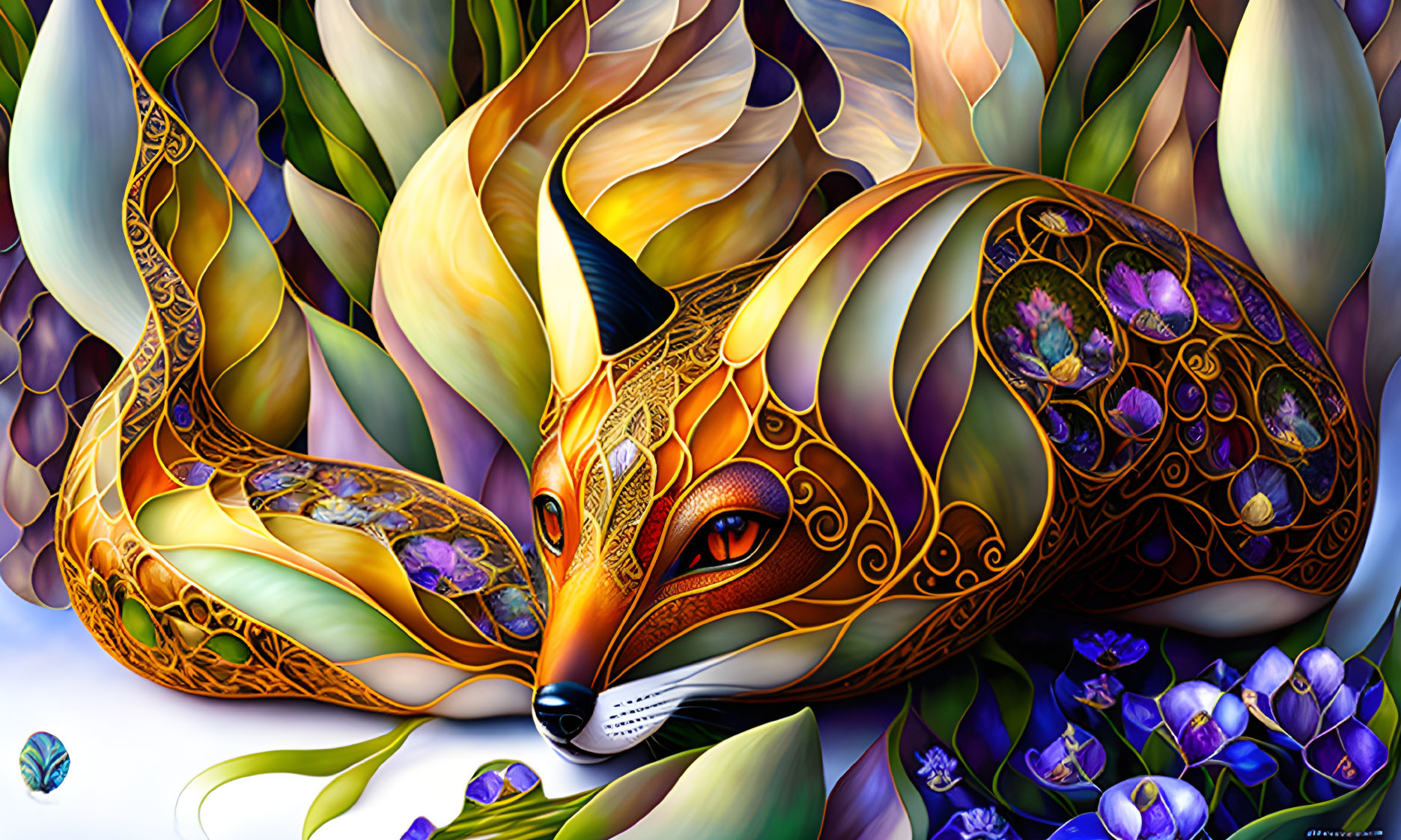 Vibrant fox illustration with ornate patterns and floral elements