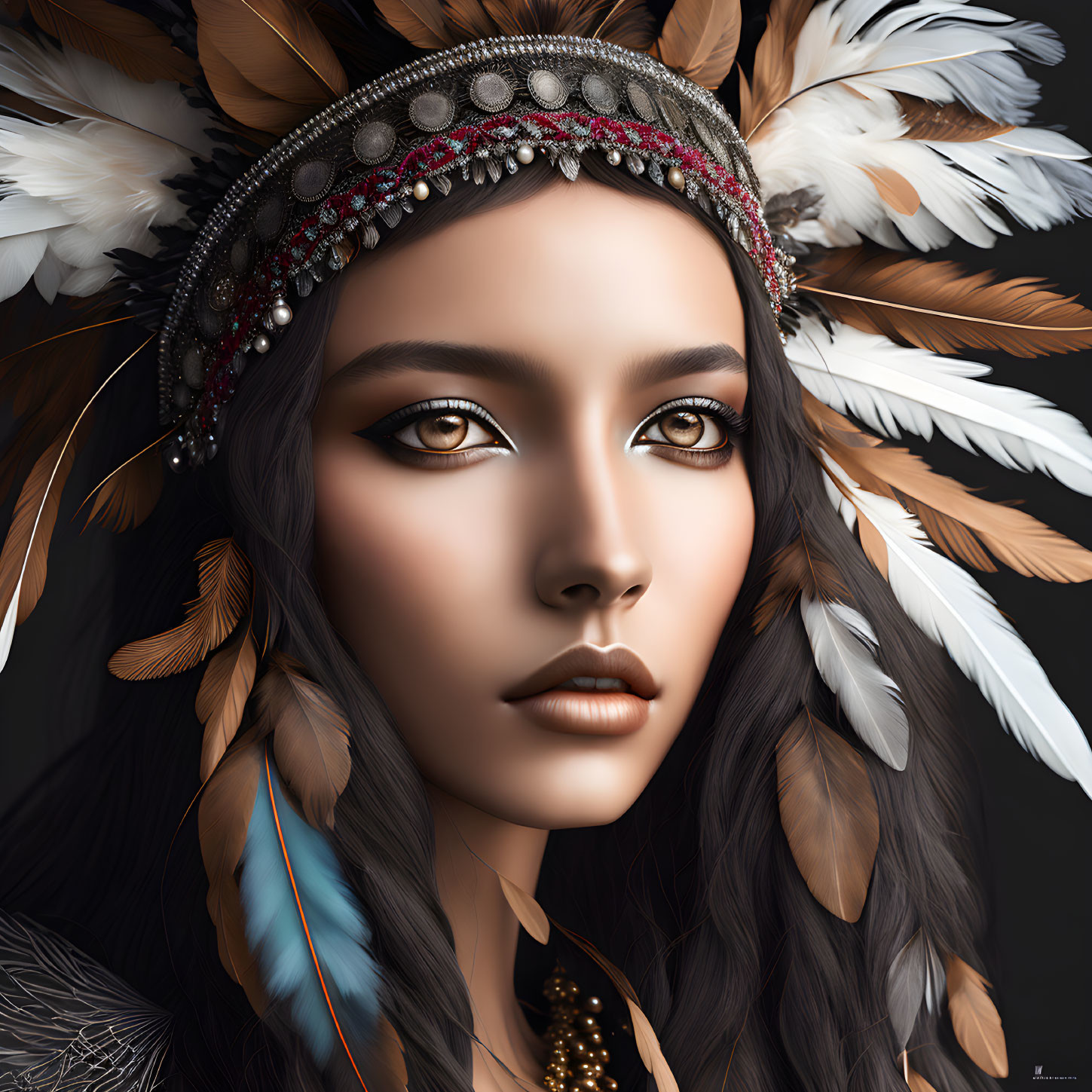 Detailed digital portrait of a woman in feathered headdress with beaded details