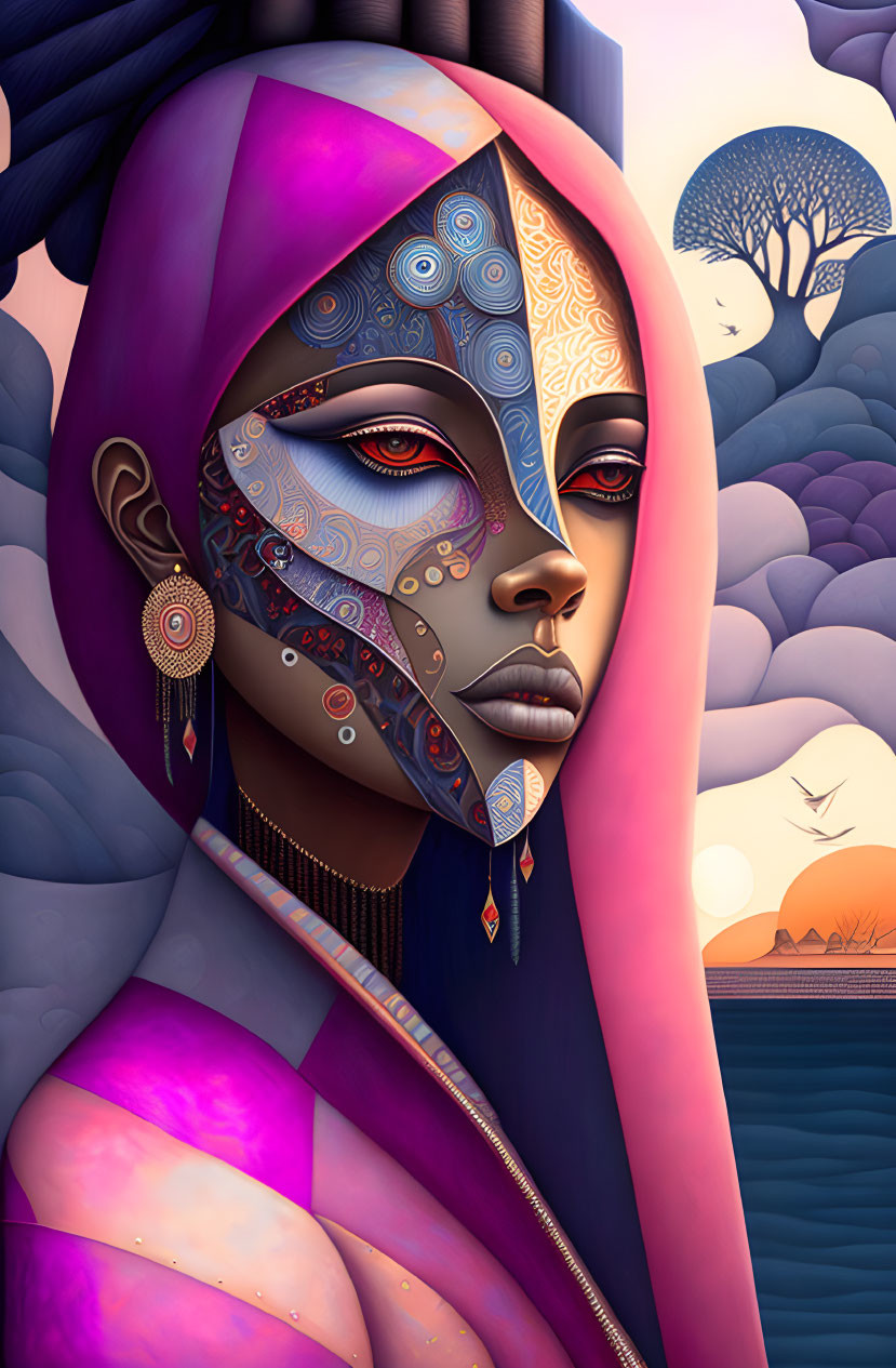 Stylized female figure with vibrant skin and jewelry in surreal landscape