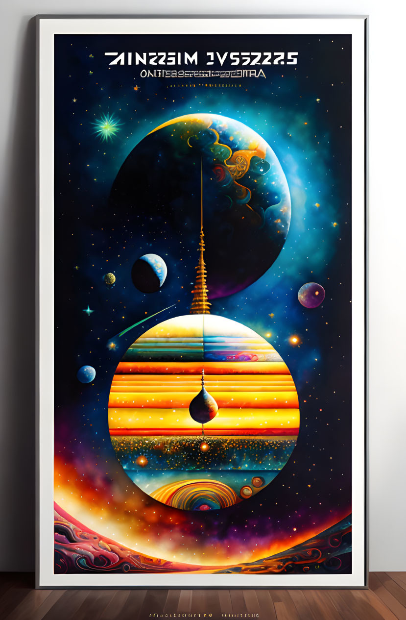 Surreal cosmic poster with planet, galaxy, droplet, and door frame