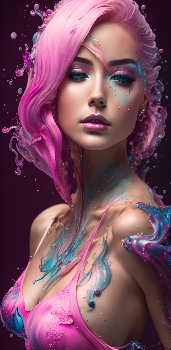 Vibrant pink hair woman in surreal digital art