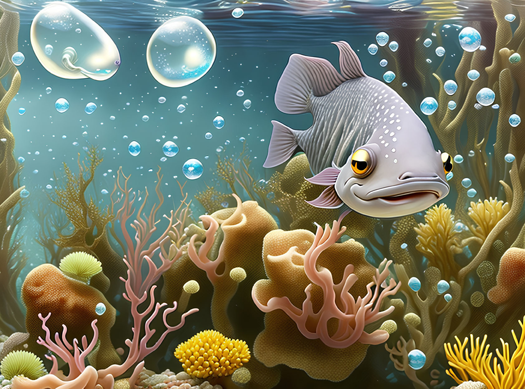 Vibrant Cartoon Fish in Colorful Underwater Scene