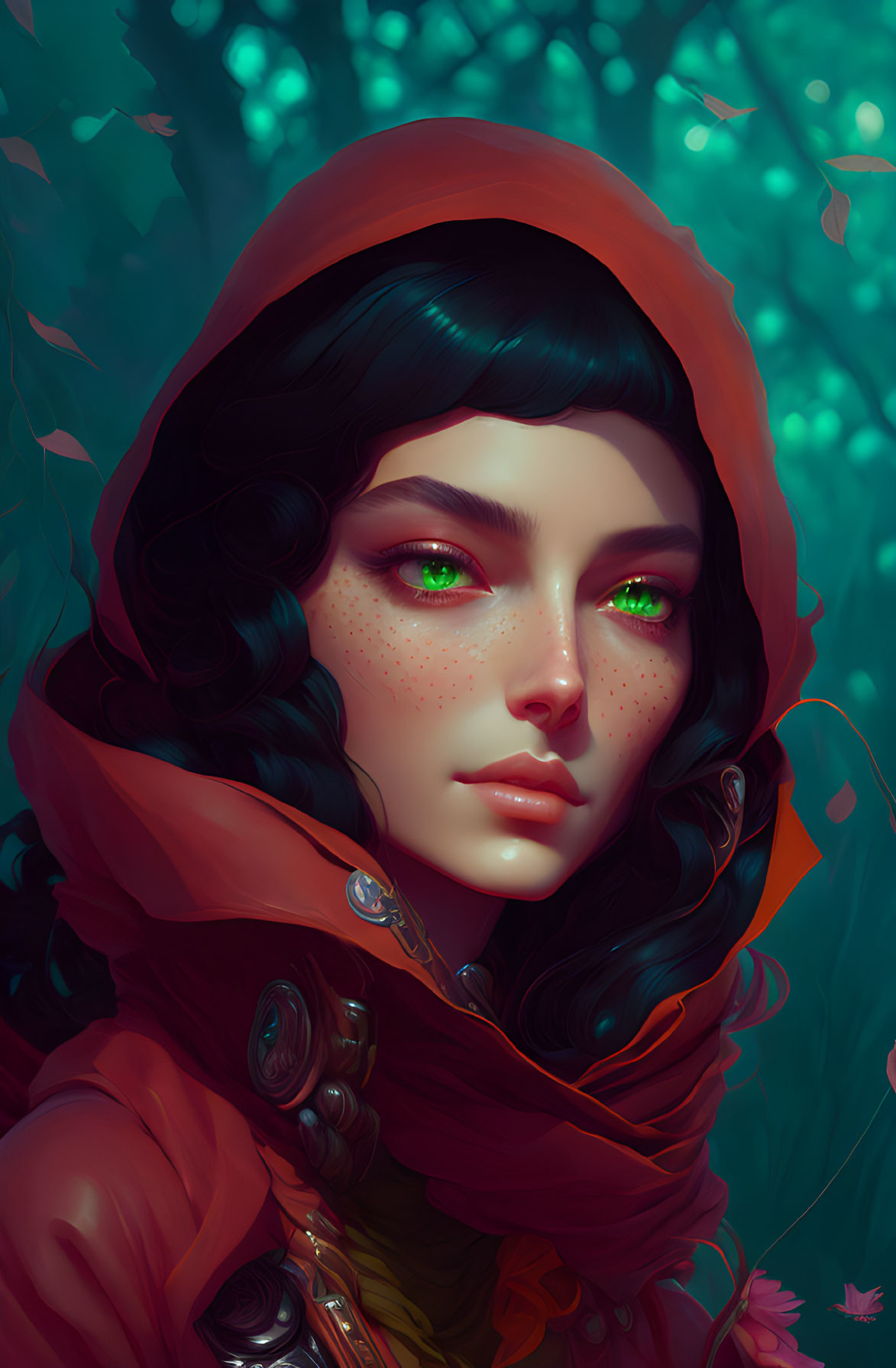 Digital artwork of woman with emerald green eyes and dark hair in red cloak against green foliage.