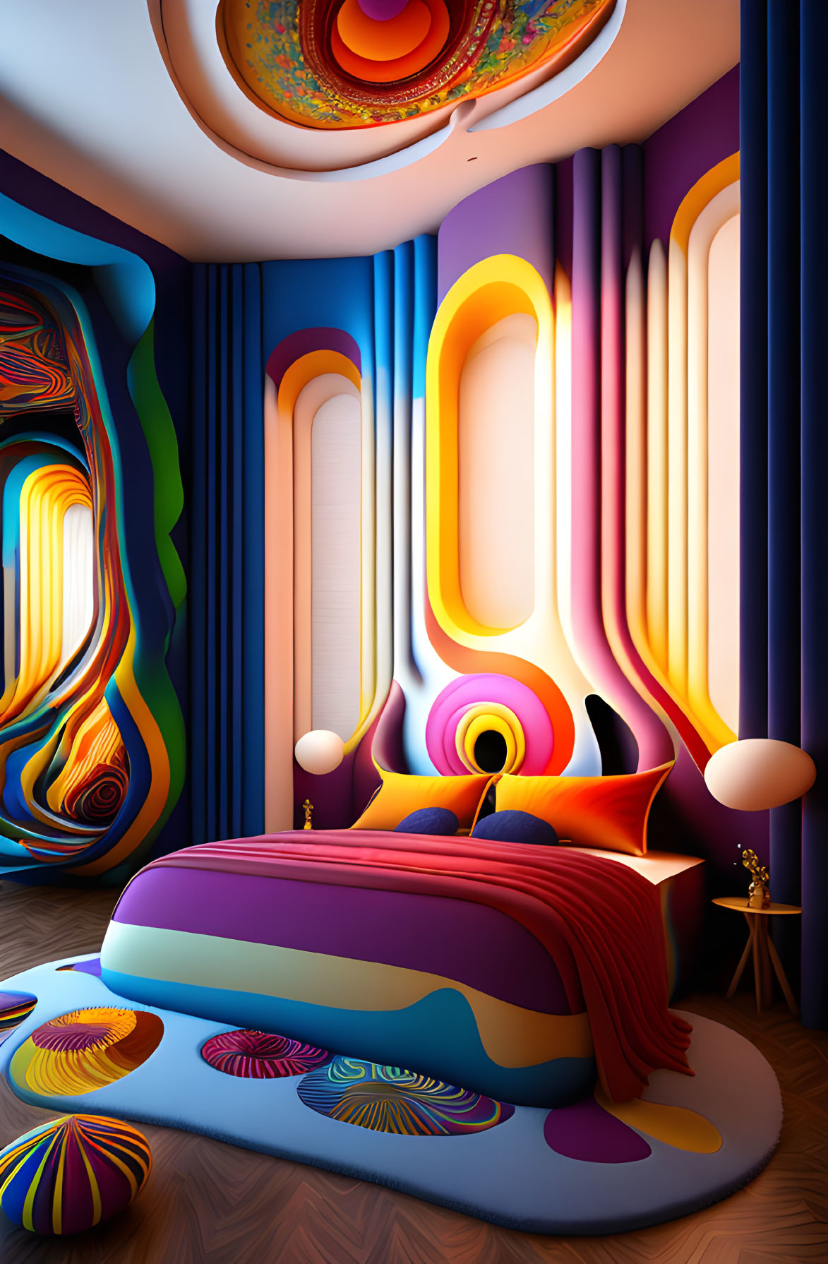 Colorful Psychedelic Bedroom with Swirling Patterns and Abstract Art