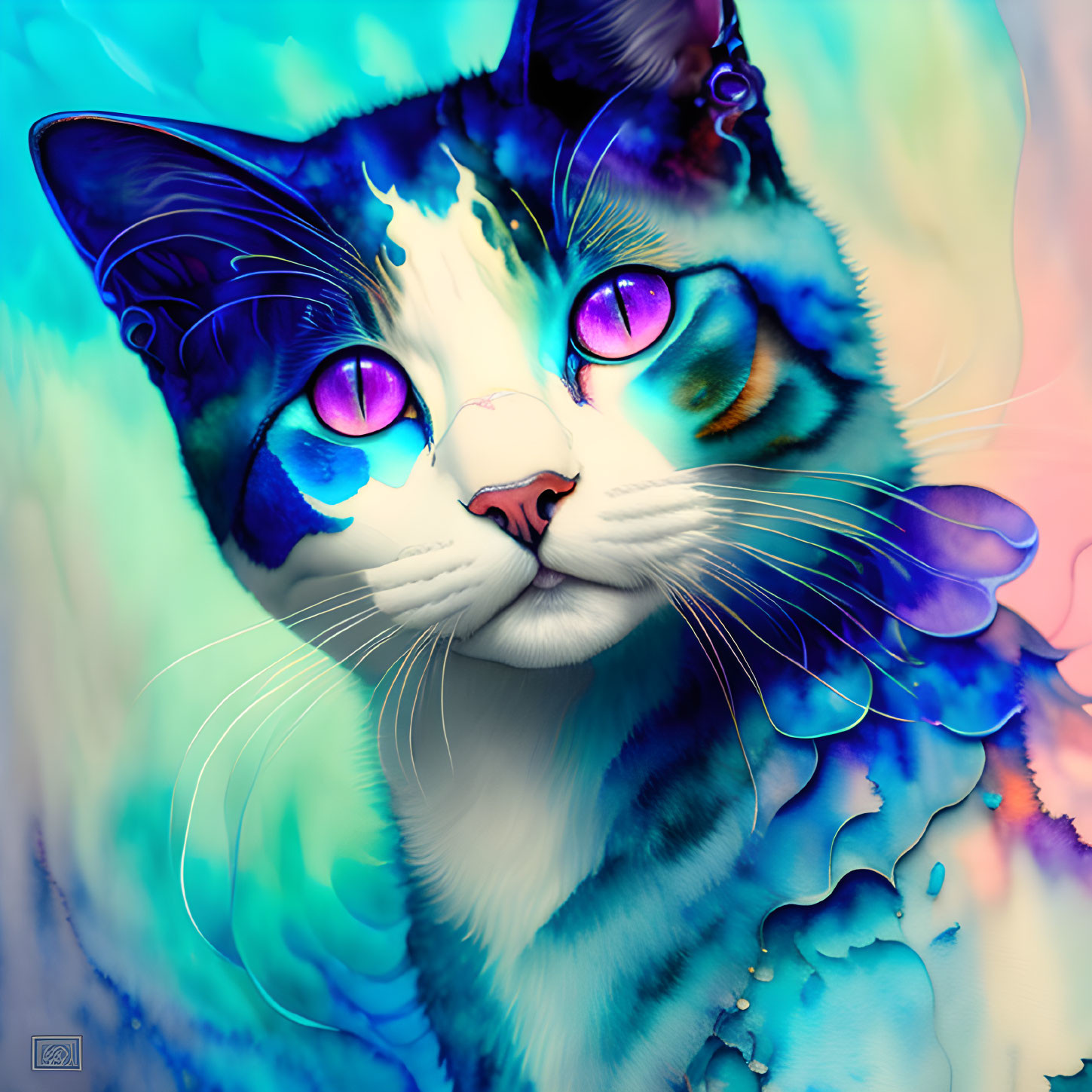 Colorful Cat Illustration with Vibrant Multicolored Coat and Purple Eyes