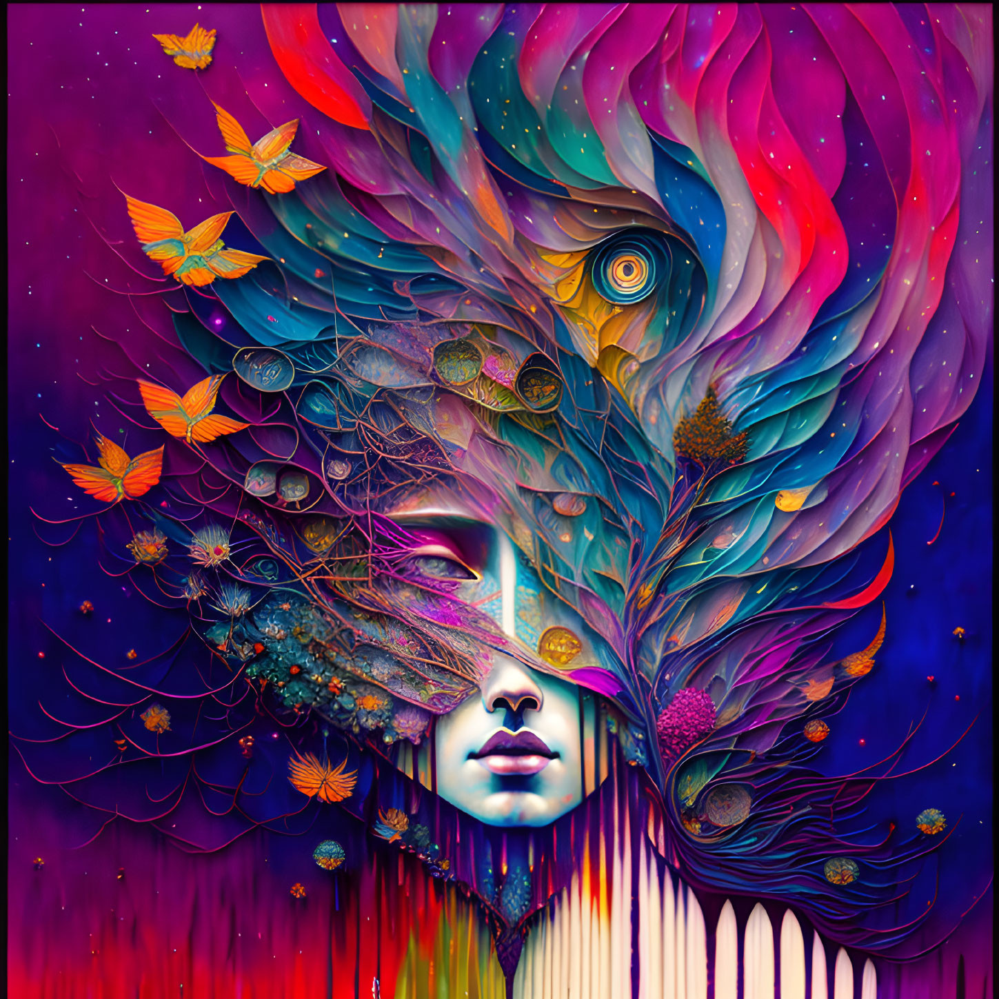 Colorful Surrealist Art: Woman's Face Blending with Cosmic and Natural Motifs