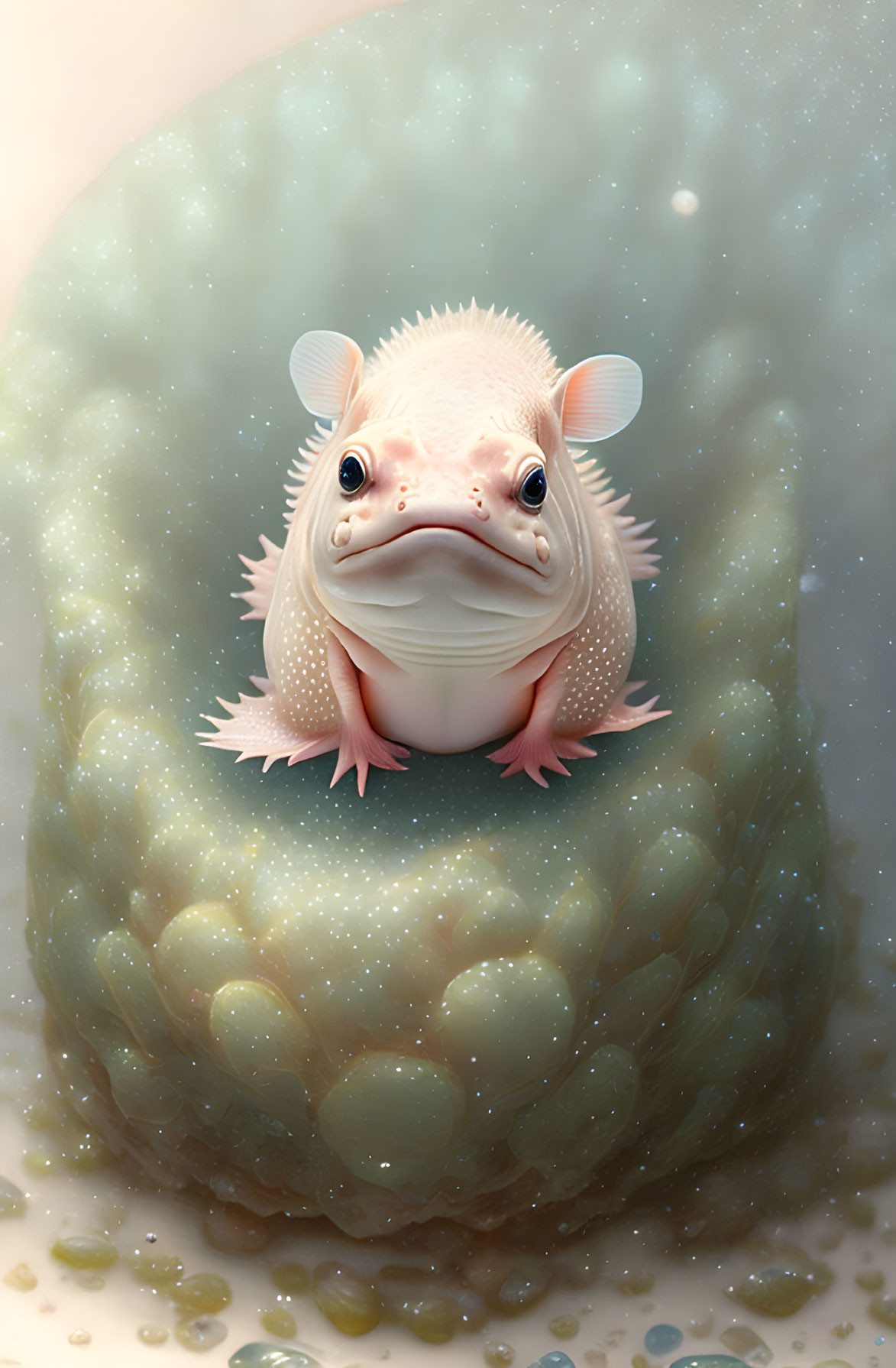 Whimsical illustration of plump white axolotl-like creature sitting on green mound