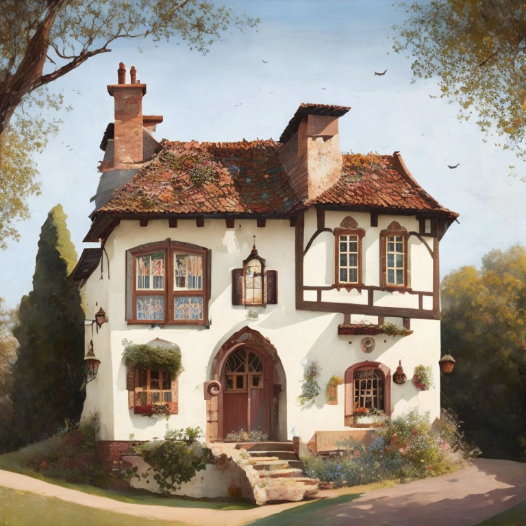 White facade, brown timber framing, red-tiled roof cottage in lush greenery