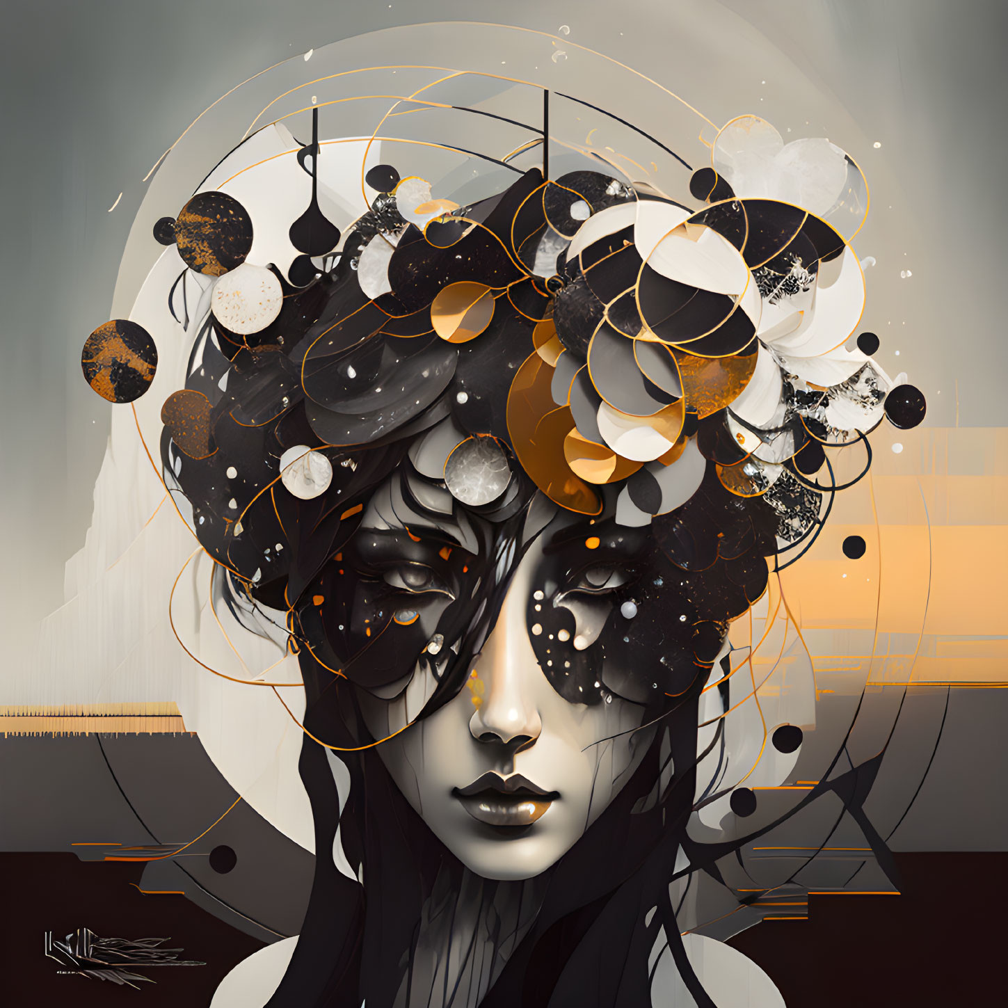 Cosmic-themed surreal artwork of a woman with celestial headdress