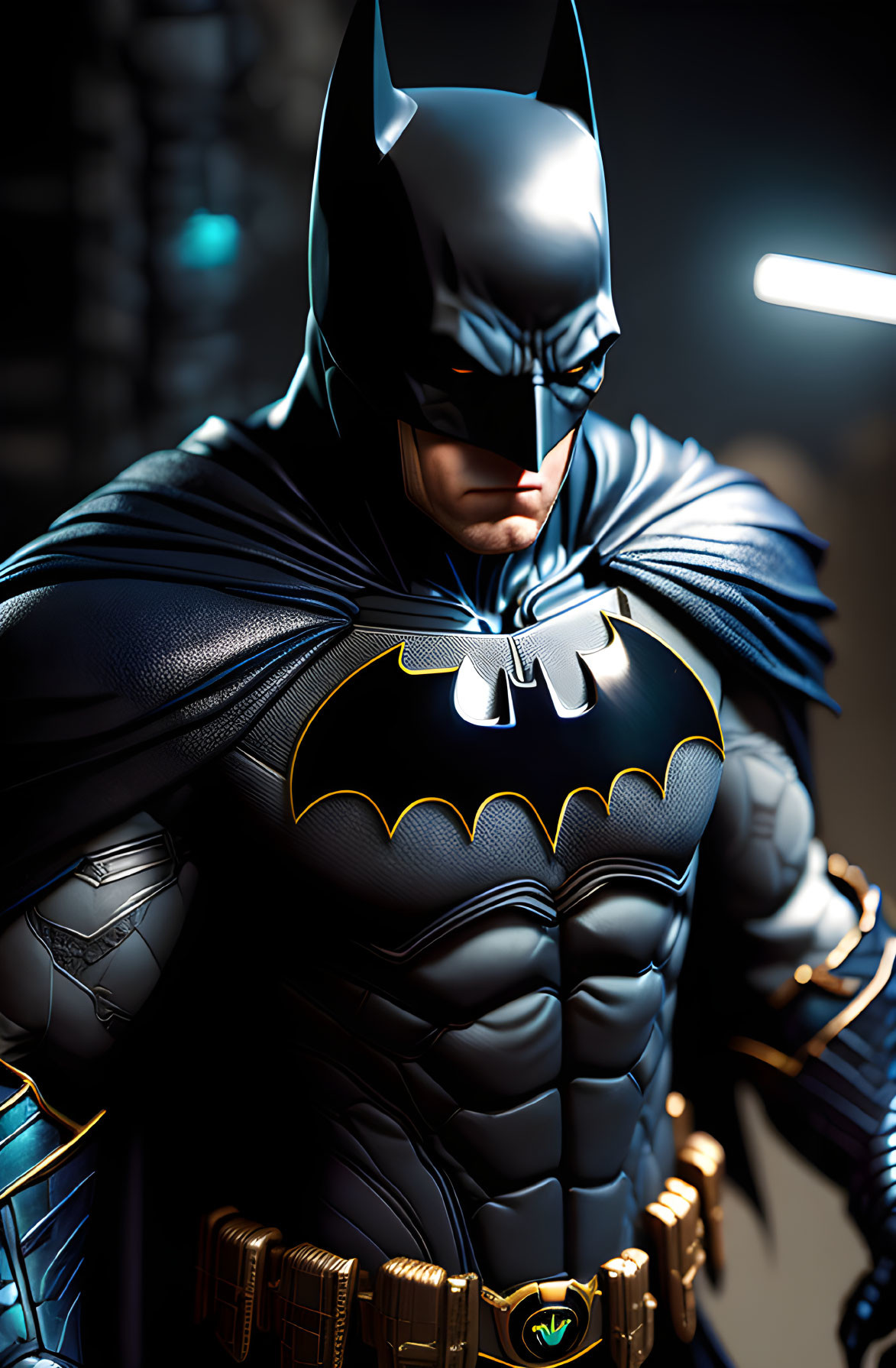 Detailed Close-Up of Batman Figure in Costume with Cowl, Cape, and Bat Symbol