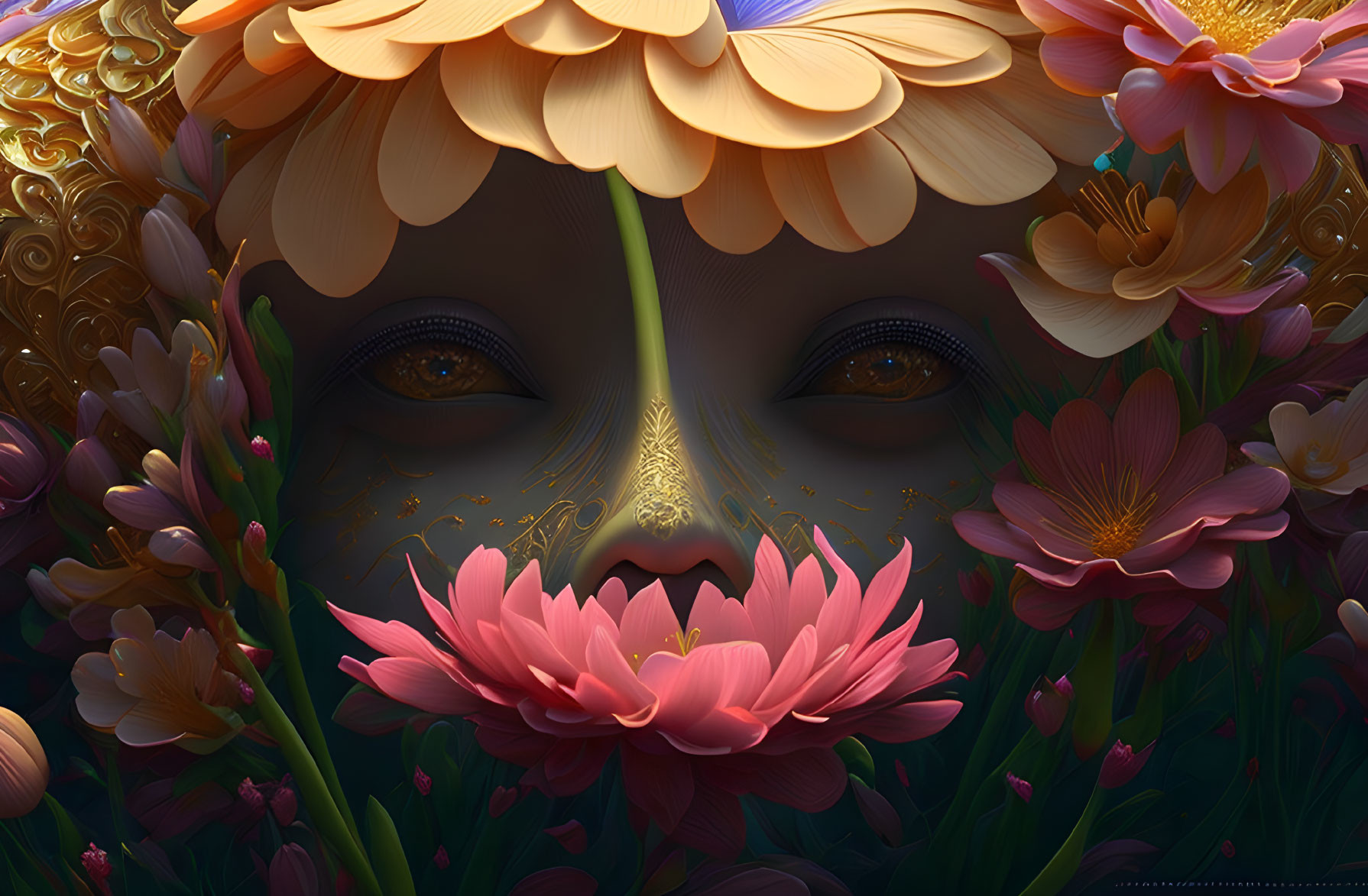 Face camouflaged among vibrant flowers with petals for cheeks and golden, shimmering eyes surrounded by bloss