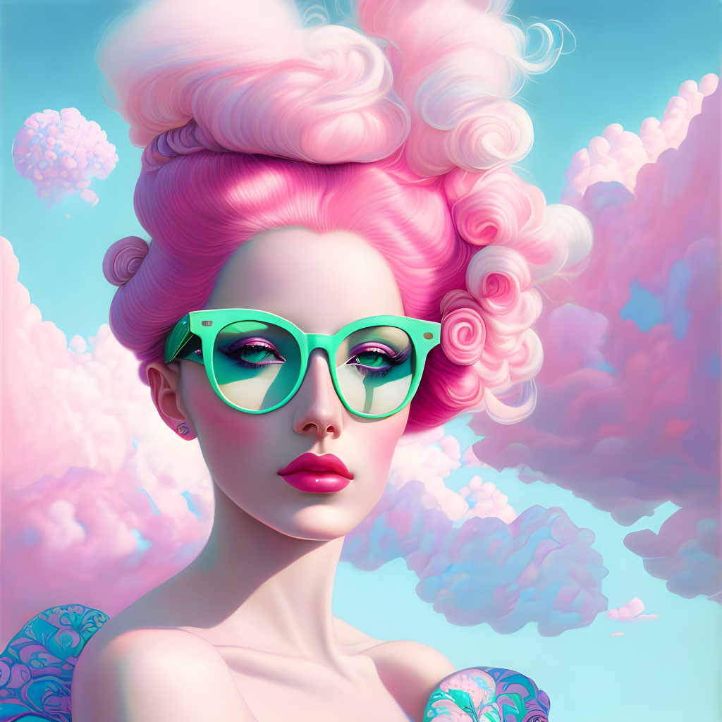 Whimsical illustration of woman with pink hair and teal glasses