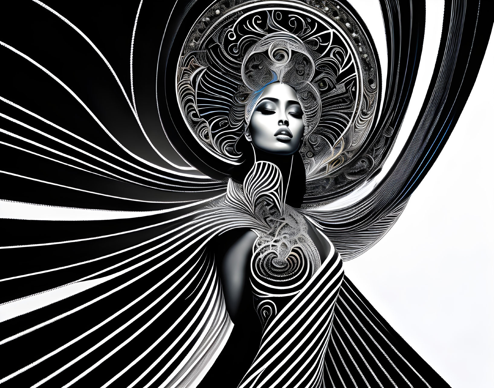 Monochromatic digital artwork of elegant female figure with intricate patterns and ornate circular backdrop