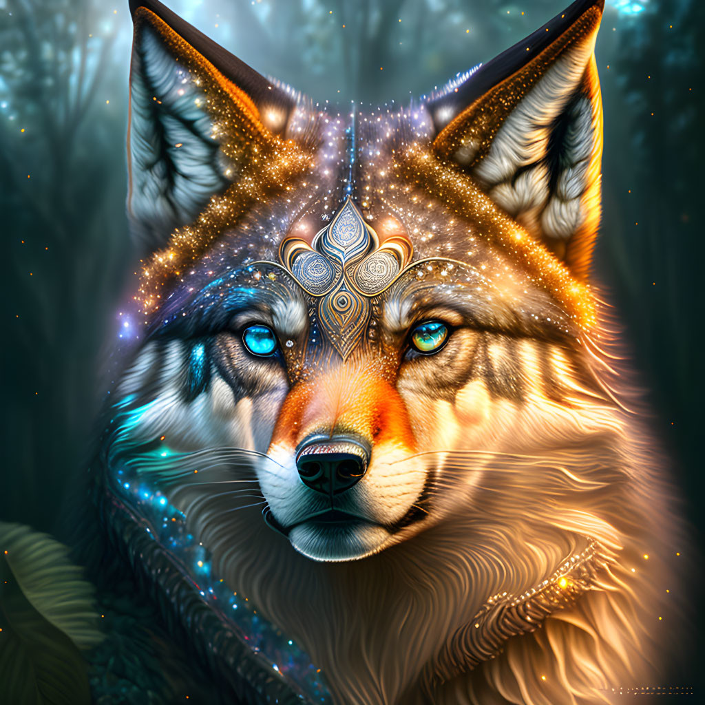 Mystical wolf with blue eyes and cosmic patterns in ethereal forest