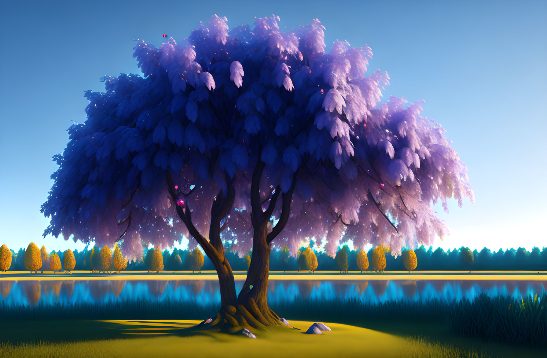 Scenic landscape digital artwork with central purple tree