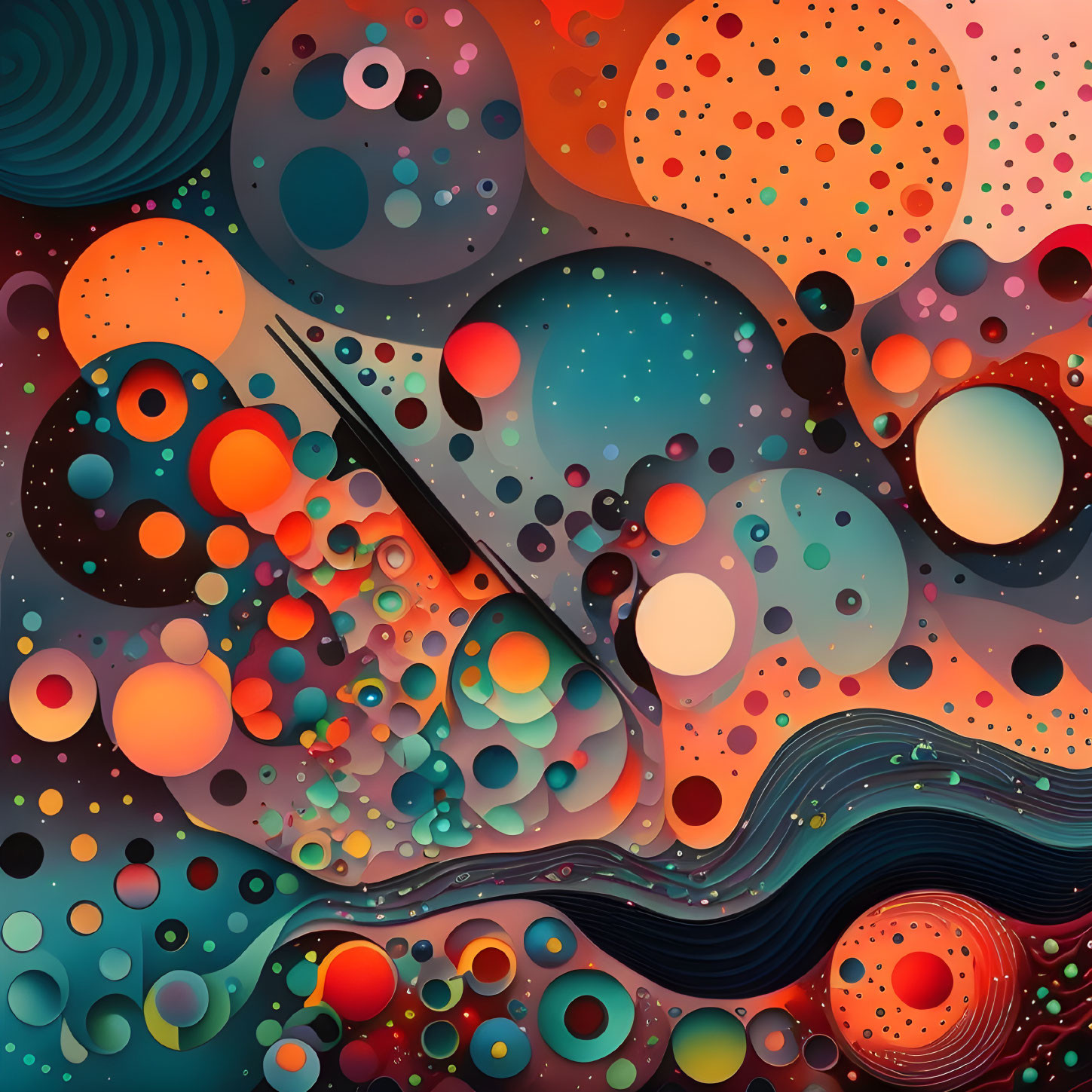 Colorful Abstract Art: Layered Circles & Undulating Lines