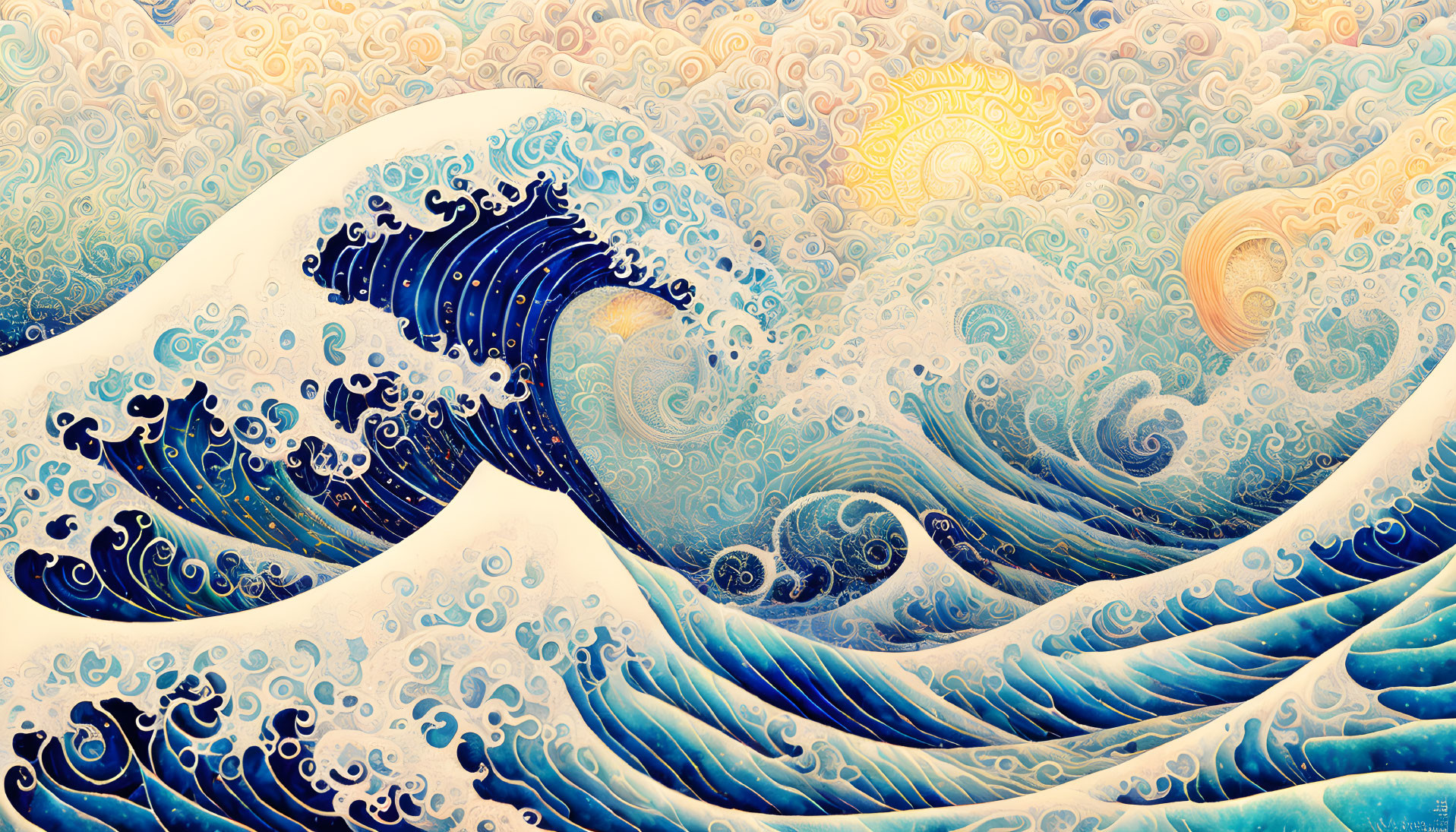 Vibrant wave artwork with intricate patterns and hidden sun