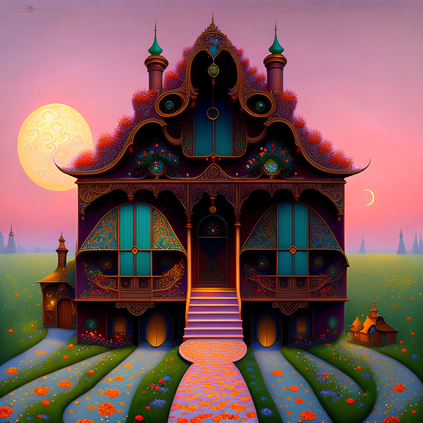 Colorful Fantasy House with Moonlit Sky & Ornate Designs