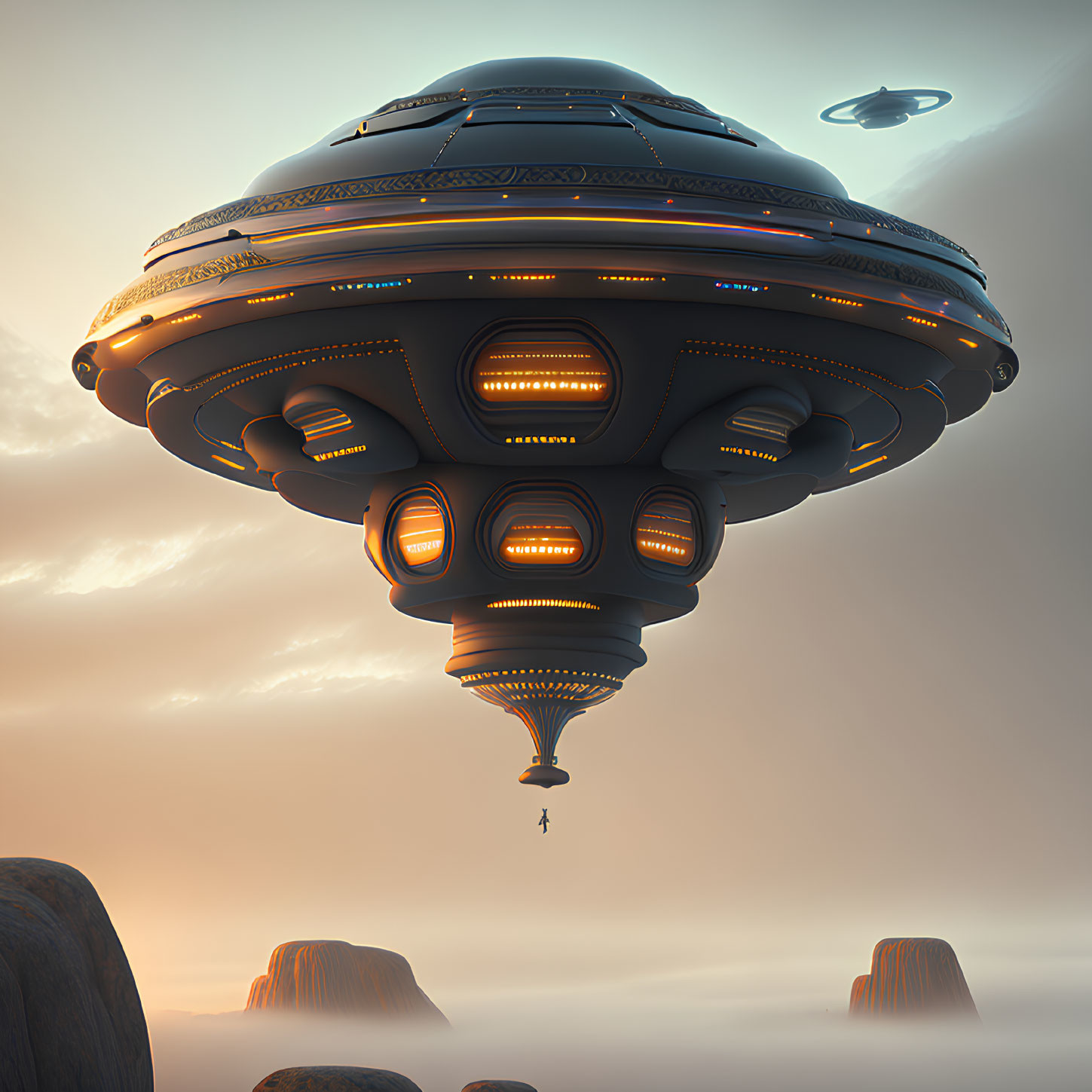 Intricate Flying Saucer Over Rocky Landscape at Sunset