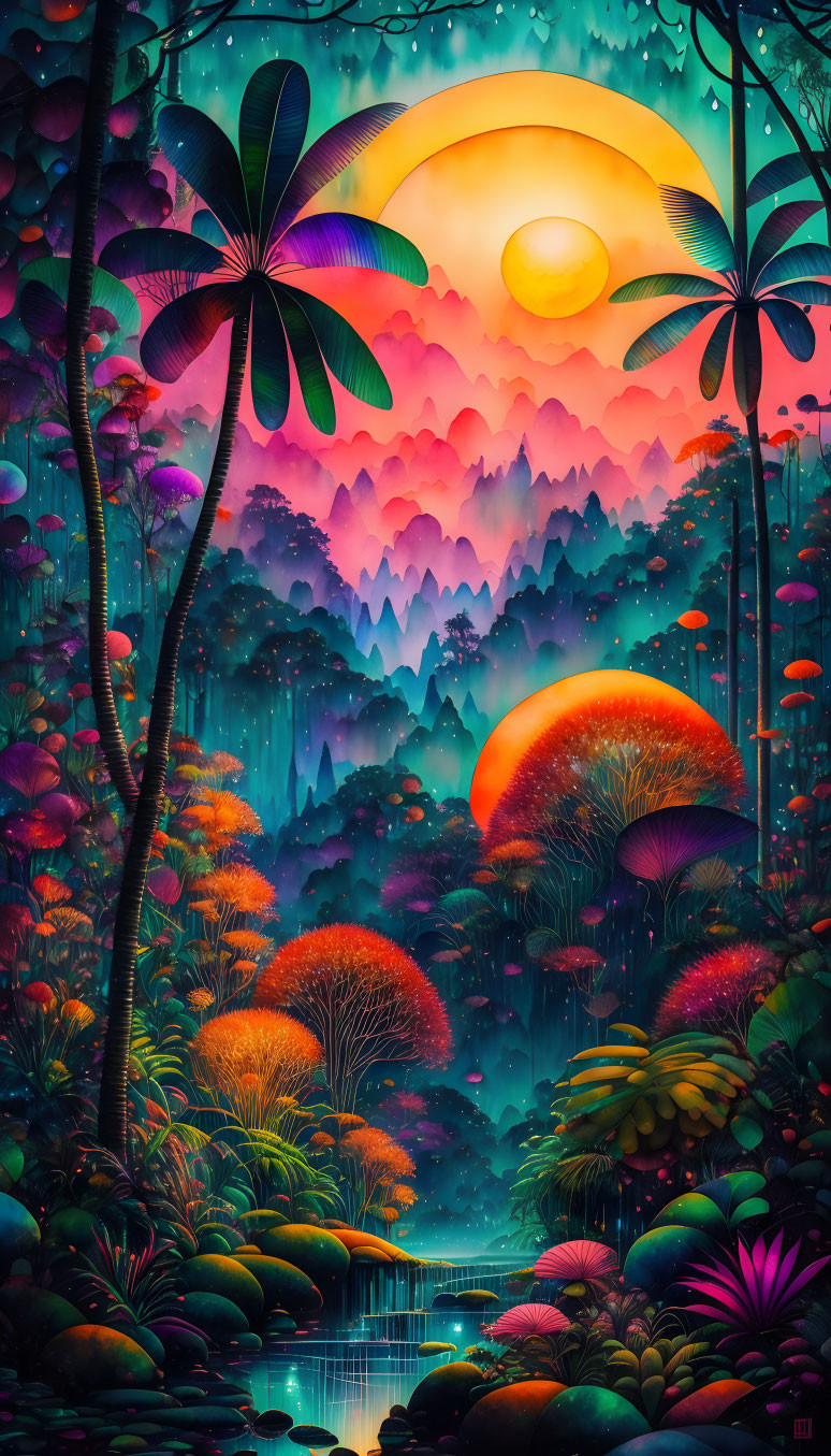 Surreal landscape with oversized mushrooms, exotic plants, waterfall, and sunset