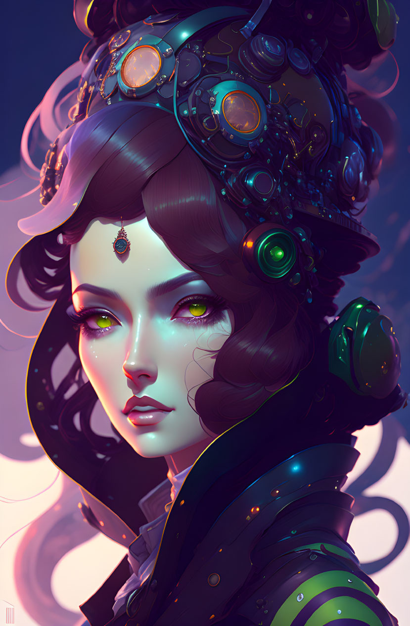 Dark-haired woman with futuristic accessories and glowing green eyes in mysterious illustration.