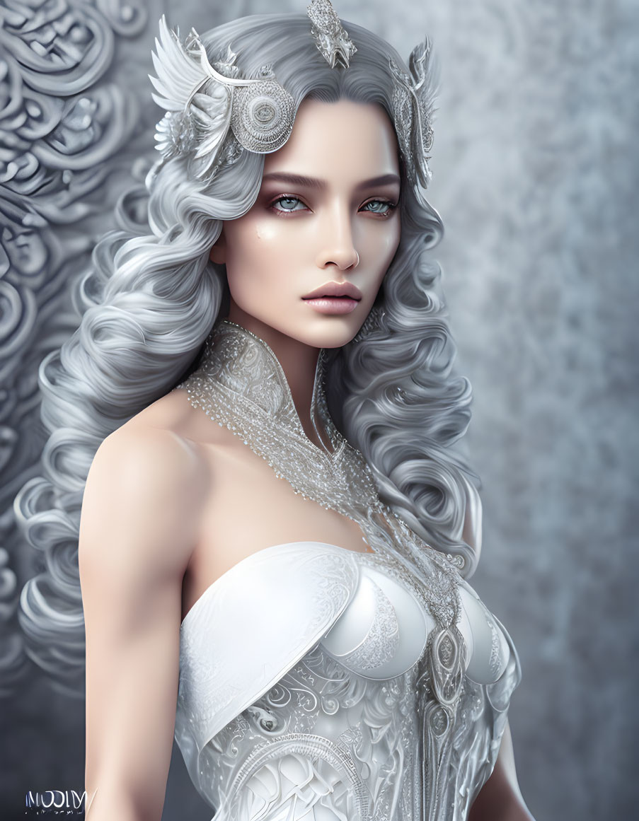 Digital artwork: Woman with silver hair and ornate armor, intricate designs, regal aura