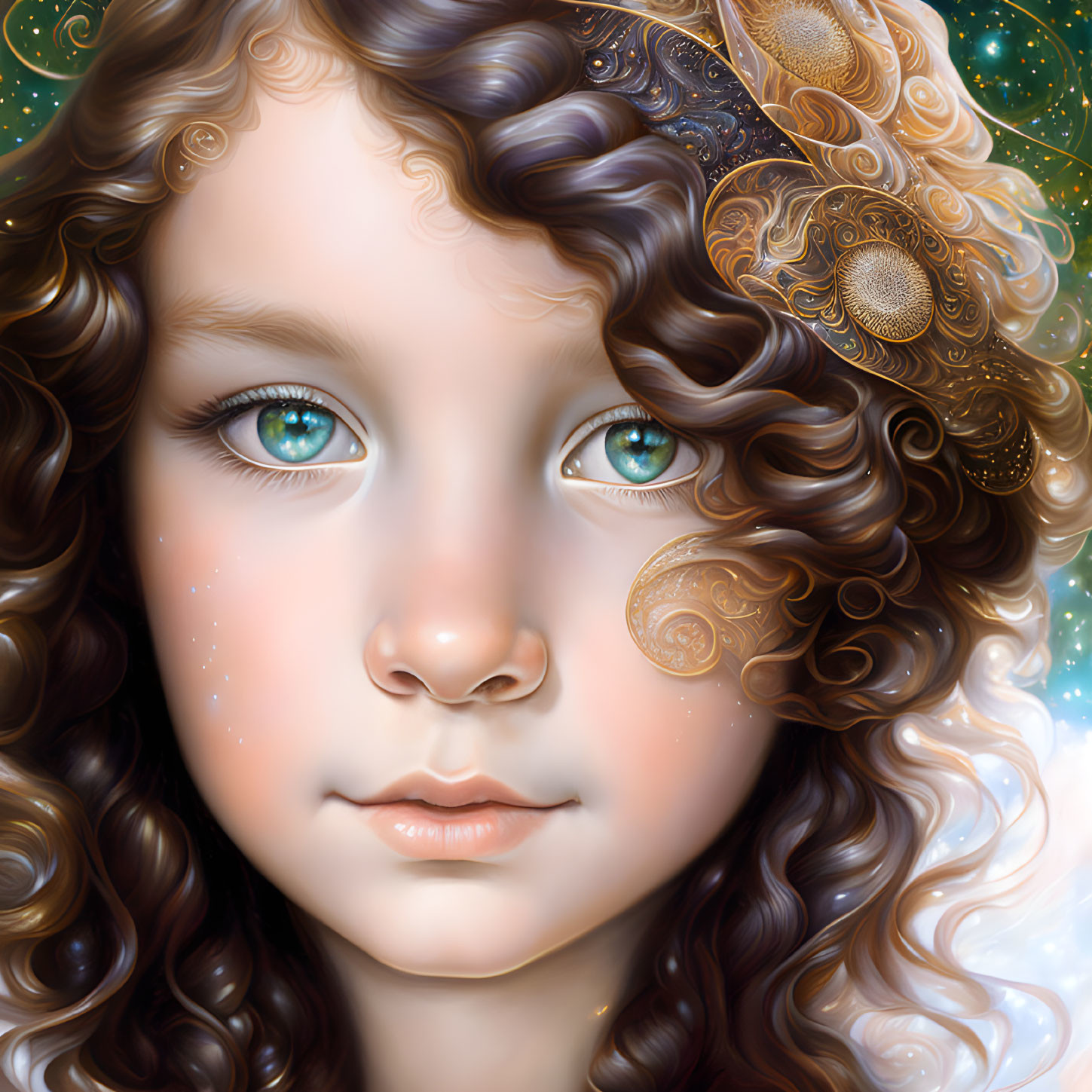 Young girl with curly hair and gold headpiece in cosmic setting