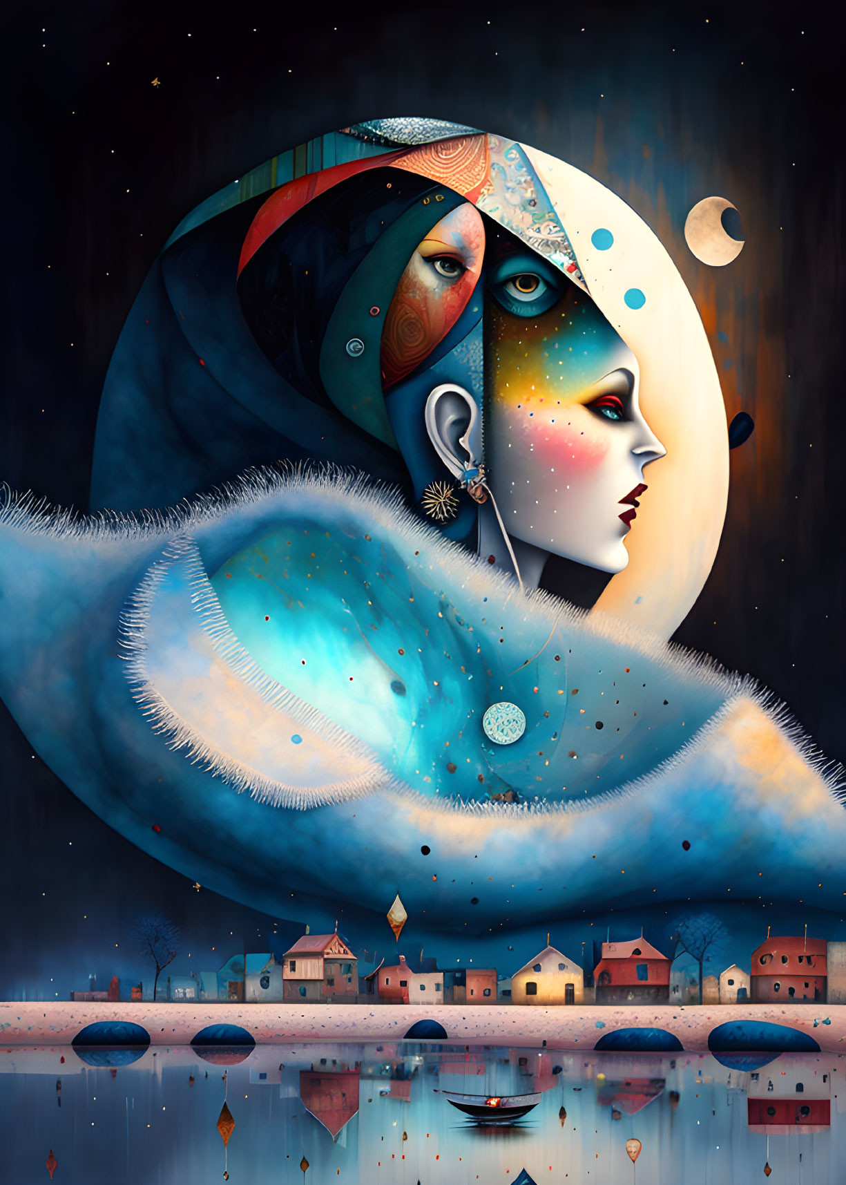 Surreal artwork: woman's face merges with moon over starry sky & village reflection.