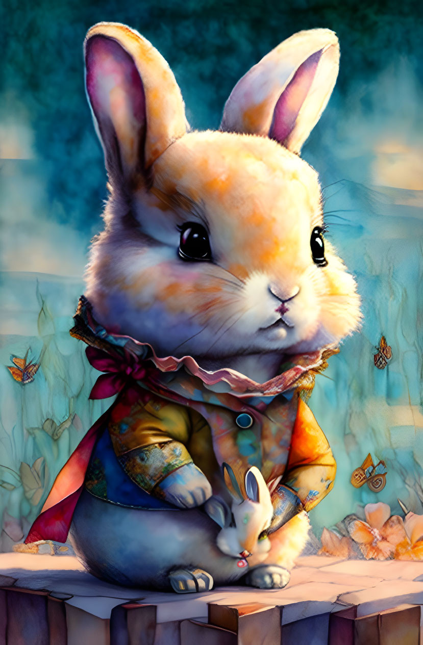 Colorful Anthropomorphic Rabbit With Tiny Rabbit and Butterflies