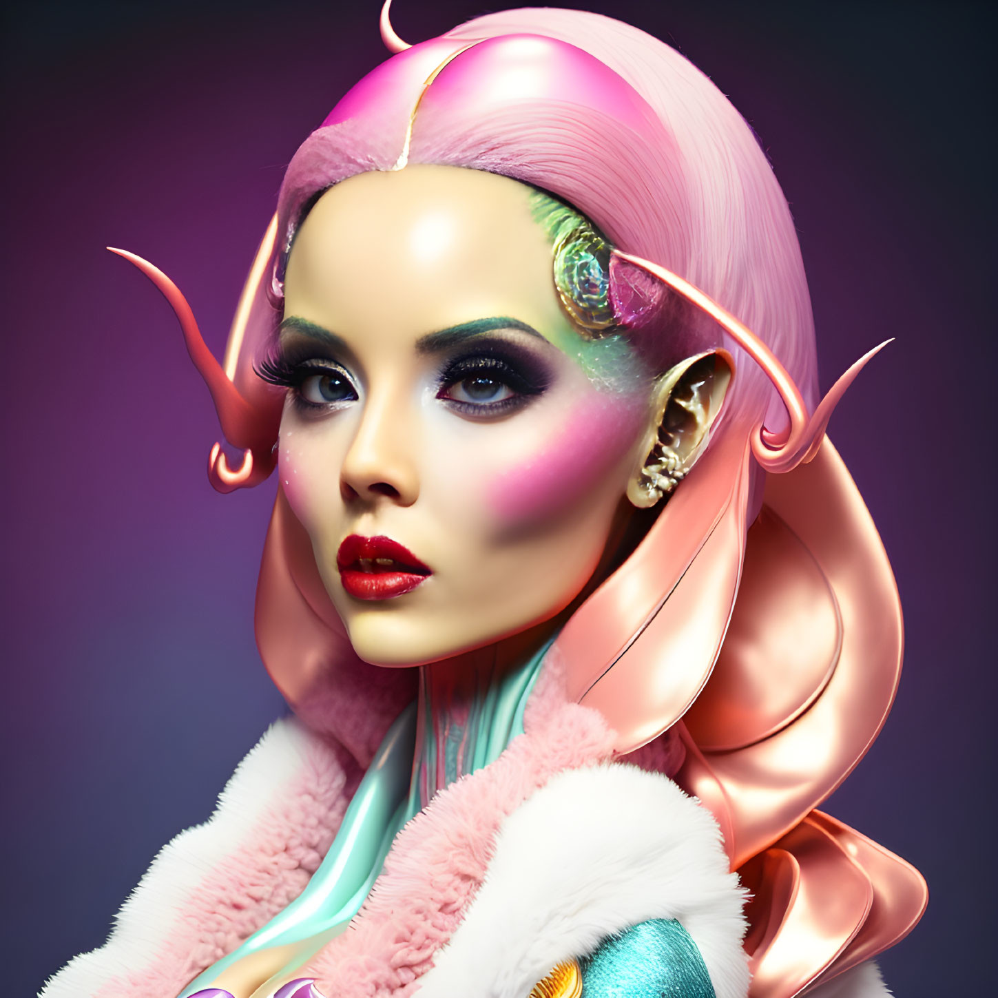 Futuristic female figure with pink and blonde hair and metallic skin on purple backdrop