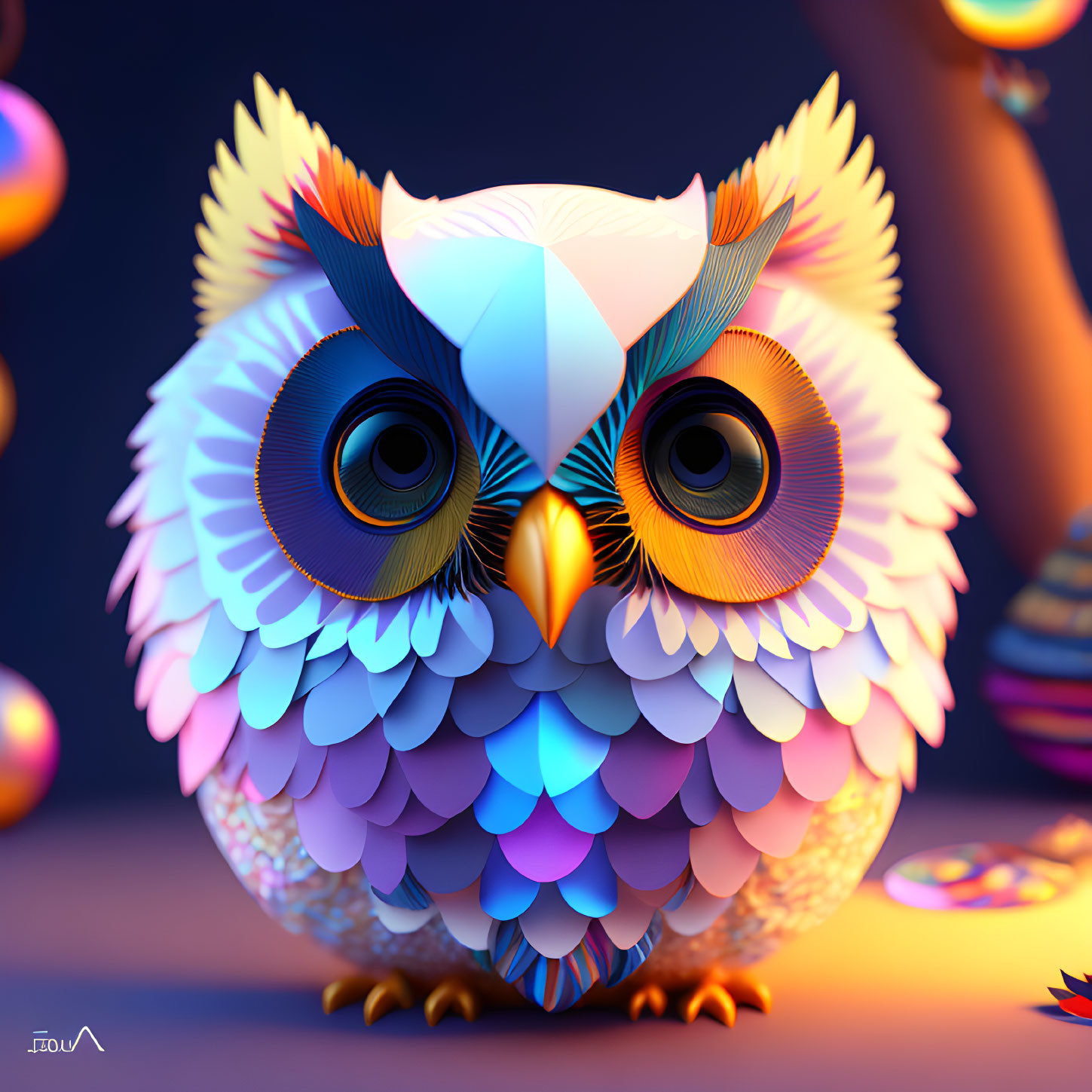 Colorful 3D illustration of owl with vibrant plumage on dark background