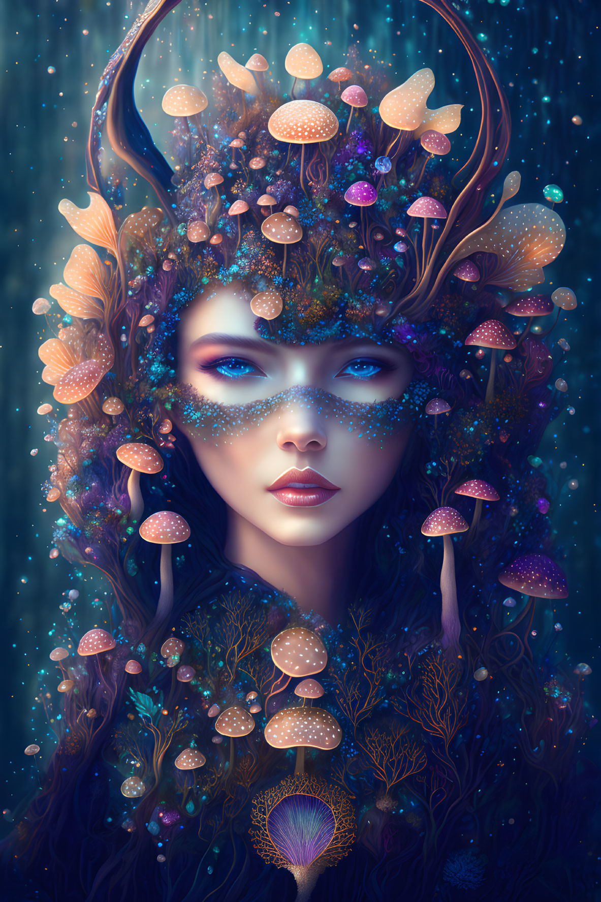 Woman with glowing mushroom headdress in mystical setting