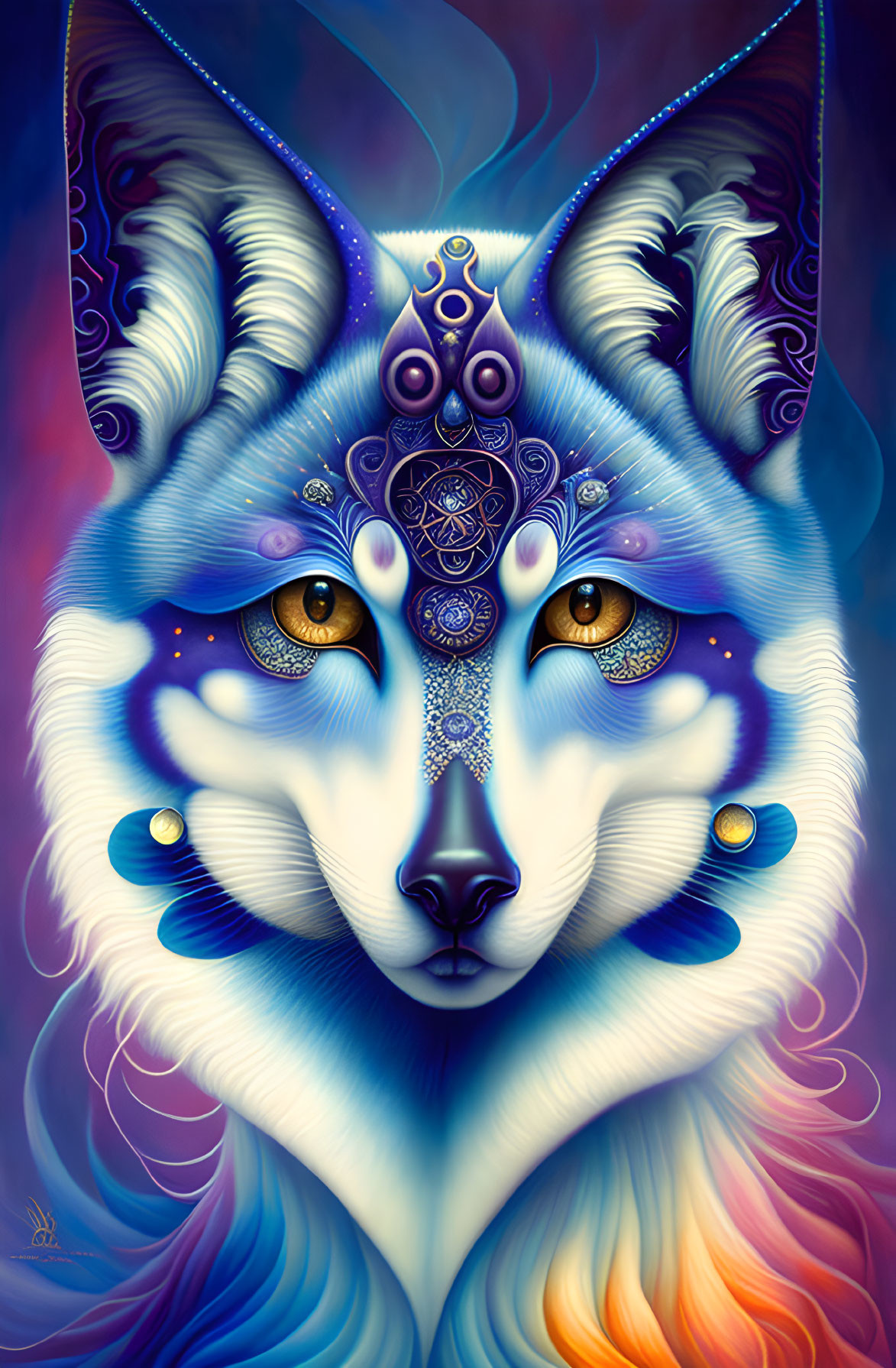 Intricate fox artwork with mystical patterns in blue and orange