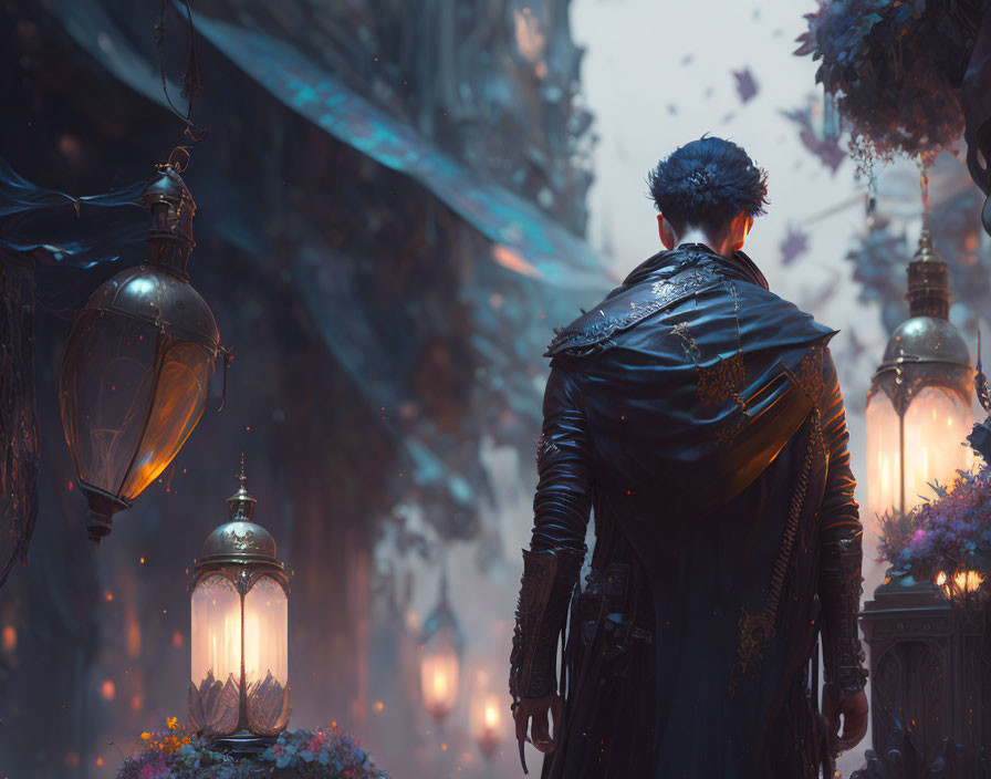 Person in Dark Coat Surrounded by Magical Lanterns and Ancient City Landscape