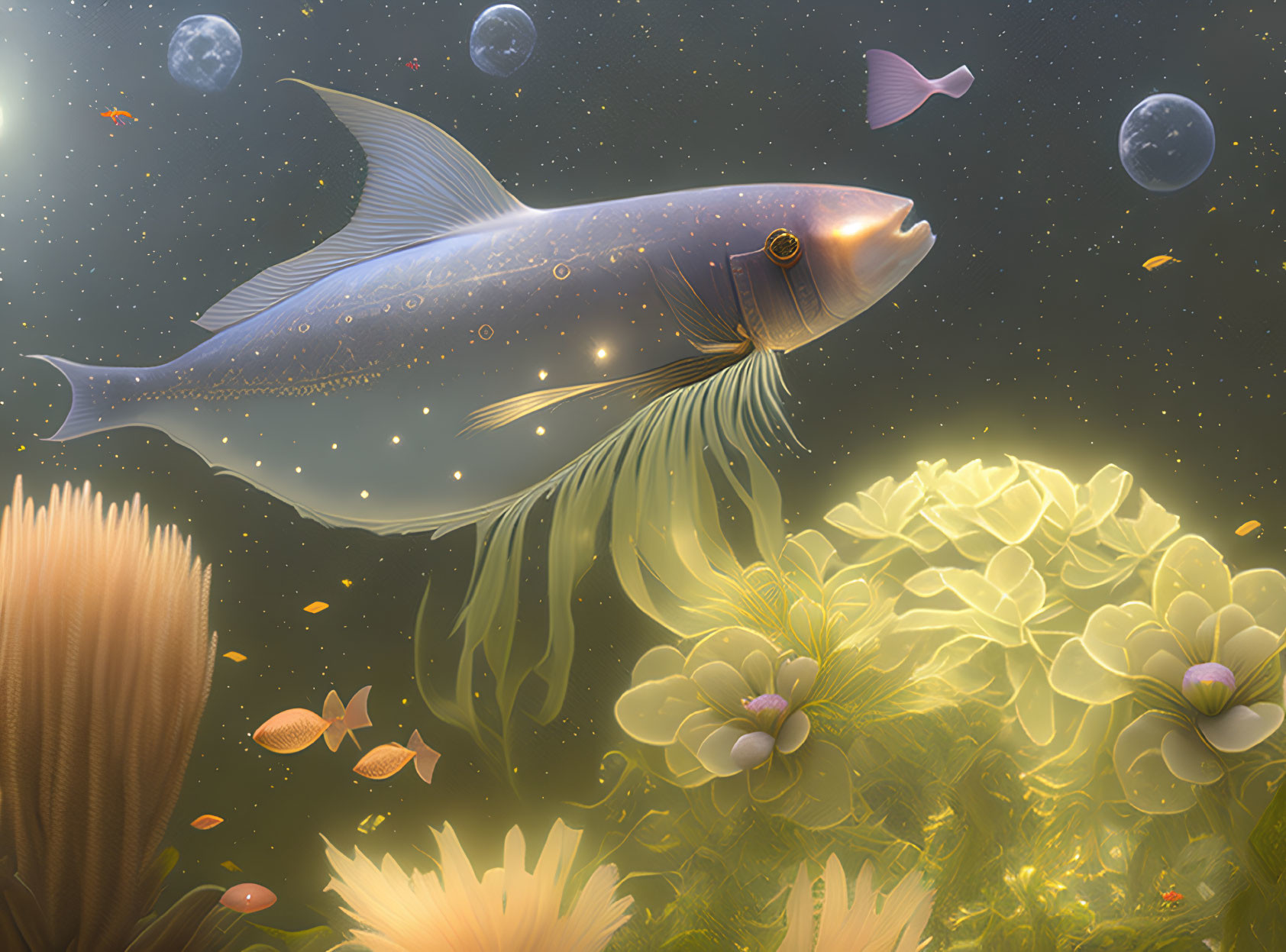 Mystical underwater digital artwork with ethereal fish and glowing orbs