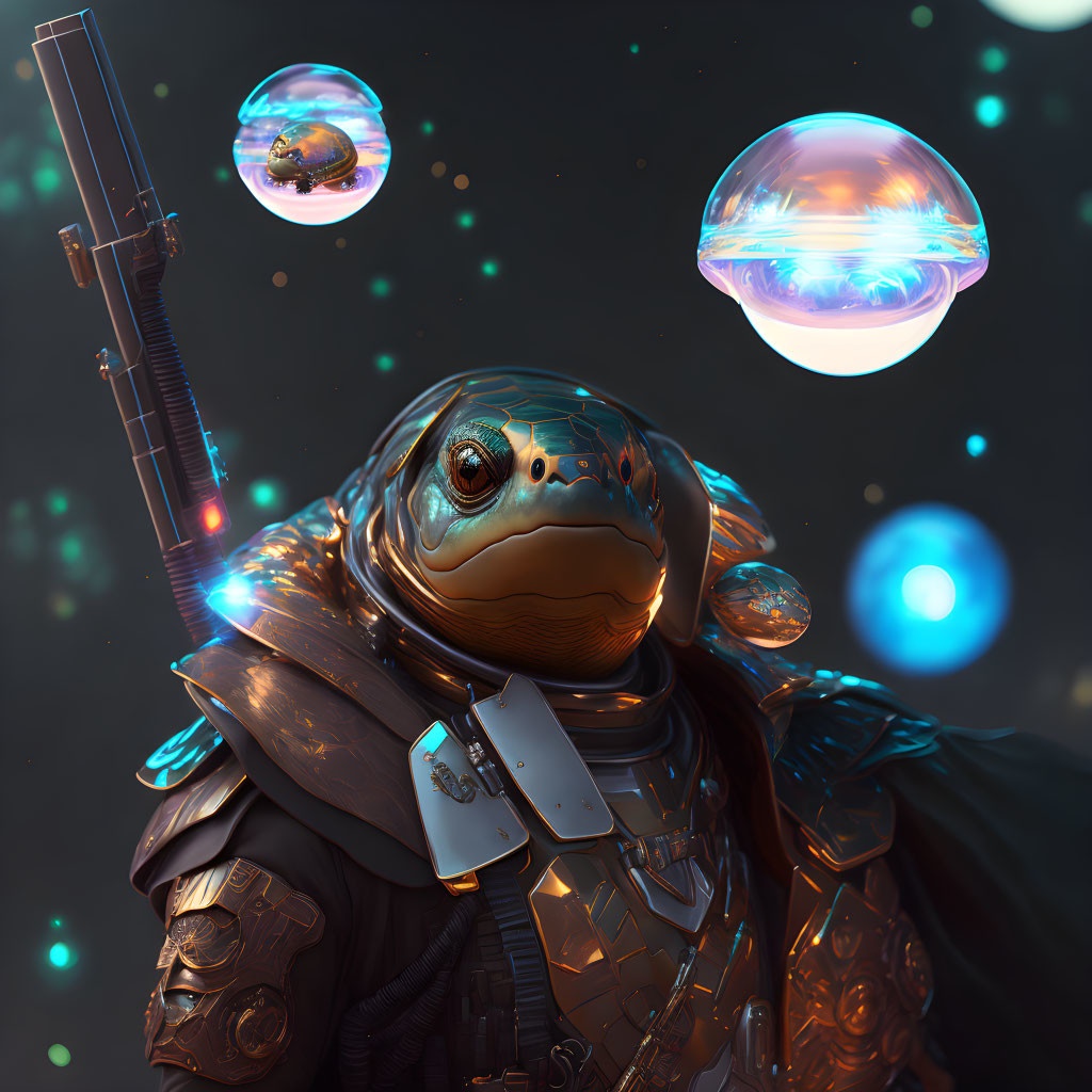 Armored turtle with sword in space surrounded by orbs